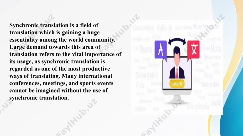 considerable practice and presence of mind. consecutive interpretation was long the standard method, until simultaneous interpretation was first tried out on a large scale, and found to be workable, at the nuremberg trials. darò, valeria and franco fabbro outlines that interpreters may be asked to do “whispering” or “chuchotage”, which consists of sitting behind a participant at a meeting and simultaneously interpreting the proceedings only for that person. simultaneous interpreters normally work in teams of two per booth, taking turns in shifts of about 30 minutes each for a maximum of about three hours at a time, which has been found to be the maximum average time during which the necessary concentration and accuracy can be sustained for the first time in the history, the synchronic translation was used in germany in 1946 after the second world war during the process of international nuremberg trials in order to prosecute criminal …