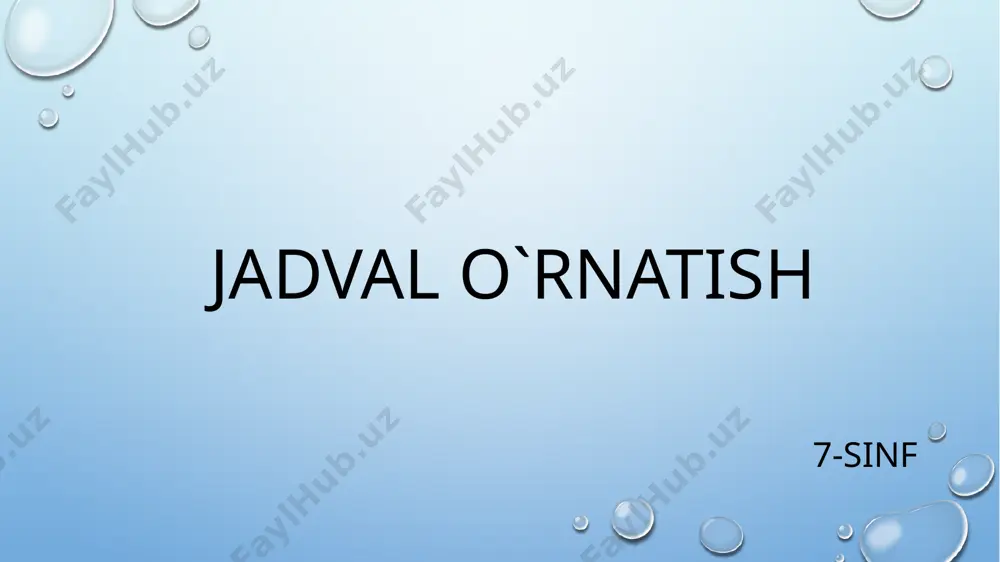 ert below tugmasini bosing. amaliy mashg’ulot muhokama qilamiz? 1. jadval nima? 2. katak nima? 3. jadvalga qanday qilib qo’shimcha ustun qo’shiladi? 4. jadvalga qo’shimcha satr qo’shish ketma-ketligini tushuntiring. 5. jadvaldan keraksiz ustun va satrni olib tashlashni bajarib ko’rsating. image2.png image3.png image4.png image5.png image6.png image7.png image8.png image9.png image1.png /docprops/thumbnail.jpeg