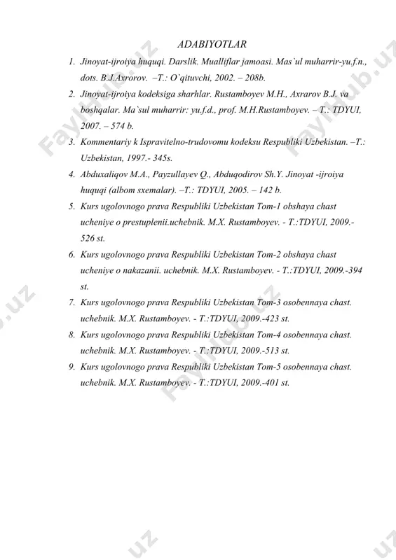 yui, 2009.-513 st. 9. kurs ugolovnogo prava respubliki uzbekistan tom-5 osobennaya chast. uchebnik. m.x. rustamboyev. - t.:tdyui, 2009.-401 st.