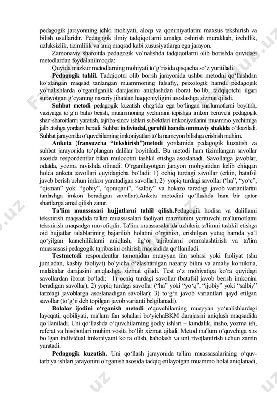 ktik xususiyatlari, muayyan pedagogik g‘oya, qarash hamda ta'limotlarning falsafiy jihatlari kabi masalalarni tahlil etishga imkon beradi. 2. iqtisodiyot nazariyasi – ta'lim muassasalarining faoliyatini yo‘lga qo‘yish, o‘quv binolarini qurish, ta'lim-tarbiya jarayonlarini tashkil etish va ularning moddiy-texnika va zamonaviy texnologiyalar bilan jihozlash kabi masalalarning iqtisodiy jihatlarini anglashga xizmat qiladi. 3. sotsiologiya – ijtimoiy munosabatlar mazmuni, ularni tashkil etish shartlari xususida ma'lumotlarga ega bo‘lish asosida ta'lim-tarbiya jarayoni ishtirokchilarining o‘zaro munosabatlarini samarali tashkil etish uchun imkoniyat yaratadi. 4. etika (axloqshunoslik)– shaxs ma'naviyatini shakllantirish, unda eng oliy insoniy sifatlar, axloqiy ong va ma'naviy-axloqiy madaniyatni tarbiyalashda muhim o‘rin tutuvchi nazariy g‘oyalarni pedagogik jarayonga tatbiq etishda alohida o‘rin tutadi. 5. estetika – shaxs tomonidan go‘zallikning his etilishi, unga intilishi, shuningdek, unda estetik didni tarbiyalashda muhim yo‘nalishlarni aniqlashga xizmat qiladi. 6. fiziologiya – o‘quv-tarbiya jarayonida bolalarning fiziologik, anatomik xususiyatlarini inobatga olinishi uchun boshlang‘ich asoslarni beradi. 7. gigiena – o‘quvchilarning salomatligini muhofazalash, ularning jinsiy jihatdan to‘g‘ri shakllantirishda nazariy va …