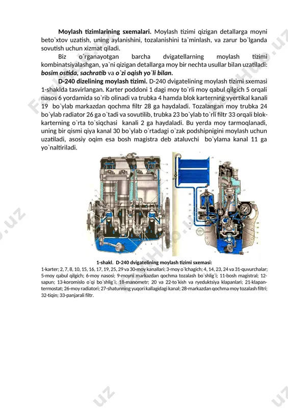 lar yuqori tezlikli dvigatellar uchun, v guruhi moylari o`rtacha tezlikli dvigatellar uchun, b guruhi esa kichik tezlikli dvigatellar uchun mo`ljallangan bo`ladi. sanab o`tilgan moylar universal hisoblanadi, lekin ularning rusumidagi “2” indeksi (masalan, m-8b2) bo`lsa, demak uni faqat dizellarga ishlatish mumkin, “1” indeksi bo`lsa faqat karbyuratorli divigatellarda ishlatish mumkinligini bildiradi. yuqoridagi moylardan tashqari barcha mavsumlar uchun mo`ljallangan moylar ishlab chiqariladi, masalan, m-4z/8g2 suratda qovushqoqlik sinfi, maxrajda 100°c dagi qovushqoqligi, “z” harfi qovushqoqligi kam moyga quyuqlashtiruvchi qo`shimchalar qo`shish hisobiga olinganligini bildiradi. moylash tizimlarining sxemalari. moylash tizimi qizigan detallarga moyni beto`xtov uzatish, uning aylanishini, tozalanishini ta`minlash, va zarur bo`lganda sovutish uchun xizmat qiladi. biz o`rganayotgan barcha dvigatellarning moylash tizimi kombinatsiyalashgan, ya`ni qizigan detallarga moy bir nechta usullar bilan uzatiladi: bosim ostida, sachratib va o`zi oqish yo`li bilan. d-240 dizelining moylash tizimi. d-240 dvigatelining moylash tizimi sxemasi 1-shaklda tasvirlangan. karter poddoni 1 dagi moy to`rli moy qabul qilgich 5 orqali nasos 6 yordamida so`rib …