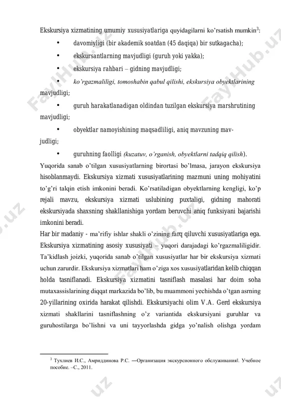 ta’limi haqida). ekskursiyada aniq bir shahar, viloyat, o’lka o’ziga xos tarixiy rivojlanishiga qarab hikoya qilinadi. masalan, harbiy-tarixiy mavzudagi ekskursiyalarda urushlar, qo’zg’olonlar bo’lib 4 тухлиев и.с., амриддинова р.с. ―организация экскурсионного обслуживания‖. учебное пособие. –с., 2011. o’tgan buxoro xonligidagi o’zaro nizolar kabi shaharlar kiritiladi. adabiy mavzudagi ekskursiyalarda esa yozuvchi, shoirlar hayoti va faoliyati bilan bog’liq shahar, qishloq, ko’chalar kiritiladi. mavzuli ekskursiyalar bitta mavzuning yoritilishiga bag’ishlanadi. agar bu tarixiy ekskursiya bo’lsa, uning negizida yagona mavzuda birlashtirilgan bir yoki bir necha voqealar yotadi. agar bu me’morchilik mavzusidagi ekskursiya bo’lsa, unda shahar, ko’cha va maydonlarida joylashgan qiziqarli san’at asarlari, o’tgan asrlar me’moriy ansambllari kiritilishi mumkin. mavzuli ekskursiyalar tarixiy, ishlab chiqarish, tabiiy (ekologik), san’atshunoslik, adabiy, me’moriy – shaharsozlik ekskursiyalariga bo’linadi. o’z mazmuniga ko’ra, tarixiy mavzudagi ekskursiya xizmatlari quyidagi guruhostilarga bo’linadi: - tarixiy – o’lkashunoslik (masalan, «samarqand shahrining ming yillik tarixi», «moviy gumbaz ostidagi shahar» va sh.k.); - arxeologik (masalan, surxondaryo viloyatidagi kampirtepa qadimiy shahri; samarqand viloyatidagi …