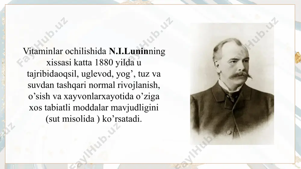 sbotlangan. ii va iii tuzilishi 1944 yili sintez usulida isbotlangan. katta sog’lom odamlarda oshqozonda yetrali miqdorla sintezlanadi. hayvonlarda yetishmovchiligi teri kasalliklariga, anemiyaga, o’sishning susayishiga sabab bo’ladi. b6 vitaminining fosforli birikmalari aminokislotalar almashinuvida ishtirok etadi. b6 avitaminozning asosiy belgisi dermatit (terining yallig’lanib, g’adir-budur bo’lib qolishi), seborreya hisoblanadi. bunda odamning ishtahasi yo’qolib ko’ngil ayniydi. bolalarda oyo’q, qo’l falaji ham kuzatiladi. odamning bu vitaminga bo’lgan sutkalik talabi 1,5-2mg. u bug’doy murtagida, no’xat va loviyada, go’sht mahsulotlarida eng ko’p bo’lishi aniqlangan. b12 vitamini-kobalamin (sinonimlari: oksikobalamin, siankobalamin, qon yaratish faktori, antianemiya vitamin). b12 vitamini guruhiga tarkibi va tuzilishi jihatdan qisman farq qiladigan, lekin biologik aktivligi o’xshash bo’lgan bir necha xil moddalar kiradi. ularning molekulasi asosini 4ta pirrol halqa yoki 5,6-dimetilbenzimidazol tashkil etadi. molekulasi markazida co3+ joylashgan. r.vudvord sintezini amalga oshirgan. bu vitamin tarkibida sianid ioni bo’lganligi uchun siankobalamin deb ataladi. u qizil rangli kristall modda, hidsiz, mazasiz, suvda va spirtda yaxshi eriydi. uning boshqa hosilalaridan, …