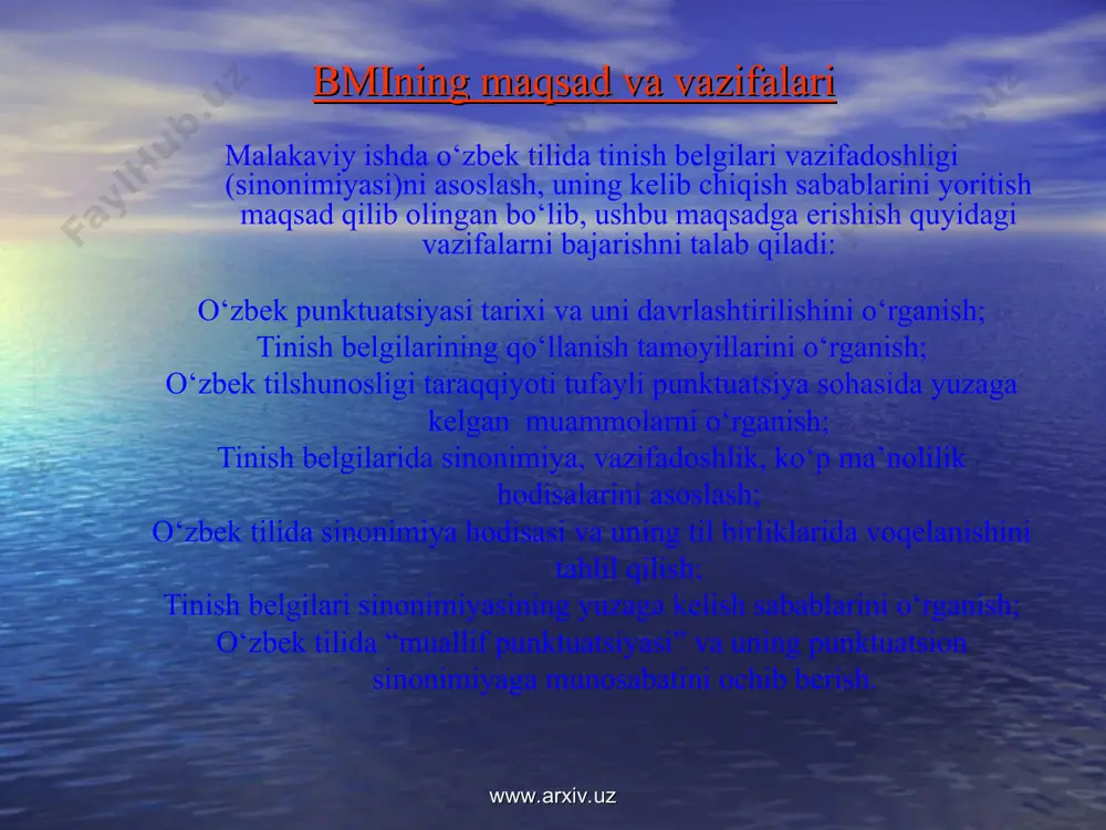 kelishining quyidagi asoslari mavjud: 1. tilning ichki qonuniyatlari, yozuvni estetik didga moslash. 2. punktuatsiya qoidalari to‘la me’yorlashtirilmagan davrda ijod etgan mualliflar uslubi – muallif punktuatsiyasi. 3. yozma nutqning taraqqiy etishi leksik sinonimlarda bo‘lgani kabi punktuatsion sinonimlarda ham xususiy farqlanishlar seziladi. tinish belgilarining gap ohangi va mazmuniga ta’siri mavjud adabiyotlarda ta’kidlanadi: “salimjon mashinaga o‘tirdi, mashina yurib ketdi (ketma-ket ro‘y bergan harakat) – salimjon mashinaga o‘tirdi – mashina yurib ketdi (tezda ro‘y bergan harakat)” tinish belgilari sinonimiyasi yuzaga kelishini lingvistik jihatdan tabiiy jarayon deb qabul qilish mumkin. til uchun bu salbiy hodisa emas. faqat ta’lim jarayonida – o‘qish-o‘qitish ishlarida mavjud qoidalardan chetga chiqmaslik lozim. tinish belgilari vazifadoshligi mavjud ilmiy punktuatsion meyorlarni o‘zgartirish, takomillashtirish imkonini ham beradi. aniqrog‘i, ushbu hodisadan xabardor mualliflar yozma nutqida bir tinish belgisi ikkinchi tinish belgisi o‘rnida ishlatiladi va bu meyordagi qo‘llanishdan mukammalligi, maqsadga muvofiqligi bilan ko‘pchilikka ma’qul tushadi. www.arxiv.uz www.arxiv.uz foydalanilgan ilmiy va badiiy adabiyotlar ro’yxati i.a.karimov. o‘zbekiston …