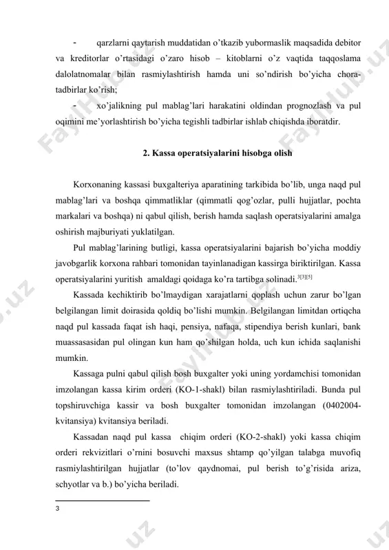 tlar va b.) bo’yicha beriladi. kassadan pul rahbar va bosh buxgalter yoki ular vakolat bergan shaxslar tomonidan imzolangan hujjatlar bo’yicha beriladi. agar kassa chiqim orderlariga ilova qilinadigan pul berish to’g’risidagi hujjatlarda rahbarning imzosi bo’lsa, kassa chiqim orderlariga imzo qo’yish shart emas. kirim kassa orderlari, uning kvitansiyalari va kassa chiqim orderlari buxgalter tomonidan aniq qilib yoziladi. bu hujjatlarda xech qanday o’chirish yoki to’g’rilashga ham yo’l qo’yilmaydi. korxonada ishlamaydigan shaxslarga pul berishda ularning shaxslarini tasdiqlovchi pasport yoki boshqa hujjat talab qilinadi, kassa chiqim orderning pul olganligi to’g’risida imzo qo’yiladigan joyida taqdim etilgan hujjatning ma’lumotlari ko’rsatiladi. ish haqi va unga tenglashtirilgan mablag’lar uchun naqd pul bankdagi hisob-kitob schyotidan pul chek daftarchasiga asosan olinadi. pul chek daftarchasi hisob-kitob schyotidan unda ko’rsatilgan naqd pulni berish to’g’risida korxonaning bankka bergan buyrug’i bo’lib hisoblanadi. ish haqi, pensiya nafaqa, mukofotlar to’langanda har bir oluvchiga kassa chiqim orderi tuzilmasdan to’lov qaydnomai bo’yicha to’lanadi. ish haqi tarqatilgandan so’ng to’lov qaydnomai …