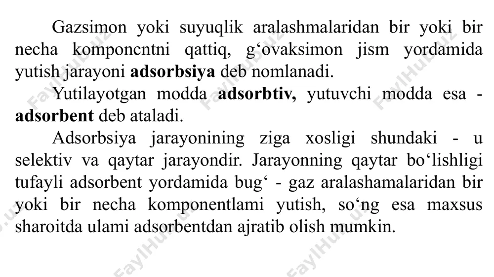 kimyoviy o‘zaro ta’sir bo‘lmaydi. adsorbsiya jarayonida bug‘larning yutilishi paytida ular kondensatsiyalanadi, ya’ni adsorbent kovaklari suyuqlik bilan to‘lib qoladi. boshqacha qilib aytganda, adsorbentda kapillar kondensatsiya ro‘y beradi. adsorbentlar turlari va xarakteristikalari ma’lumki, xalq xo‘jaligining turli sohalarida qo‘llaniladigan adsorbentlar iloji boricha katta solishtirma yuzaga ega bo‘lish kerak. kimyo, oziq-ovqat va boshqa sanoatlarda faollangan ko‘mir, silikagel, alyumogel, seolit, selluloza, ionitlar, mineral tuproq (bentonit, diatomit, kaolin) va boshqa materiallar adsorbent sifatida ishlatiladi. albatta, adsorbentlar mahsulot bilan bevosita ta’sirda bo‘lgani uchun zararsiz, mustahkam, zaharlimas va mahsulotni iflos qilmasligi kerak.. adsorbentlar moddaning massa birligiga nisbatan juda katta solishtirma yuzali bo‘adi. uning kapillar kanallari o‘chamiga qarab 3 guruhga bo‘inadi, ya’ni makrokovakli (>2 10 mm), oraliq kovakli (6-10 ...2-10 mm) va mikrokovakli (210' 6...6 l0 mm) bo‘ladi. shuni ta’kidlash kerakki, adsorbsiya jarayonining xarakteri ko‘p jihatdan kovaklar o‘lchamiga bog‘liq. adsorbent yuzasida yutilayotgan komponent molekulalarining miqdoriga qarab bir molekulali (monomolekulali adsorbsiya) va ko‘p molekulali qatlam (polimolekulali adsorbsiya) hosil qilish mumkin. …