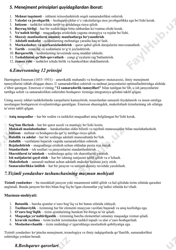 ruv jarayonida qo‘llaniladigan uslub va vositalarni anglatadi. ular quyidagilarga bo‘linadi: 1. iqtisodiy usullar: moddiy rag‘batlantirish, ish haqi, bonuslar va boshqa iqtisodiy vositalar orqali boshqarish. 2. ma'muriy usullar: qoidalar, buyruqlar, nazorat va intizomni ta’minlash orqali boshqarish. 3. psixologik-uslubiy usullar: xodimlarning motivatsiyasi, muloqot, yetakchilik va psixologik ta’sir orqali boshqarish. 4. tashkiliy usullar: rejalashtirish, mehnatni tashkil qilish va muvofiqlashtirish jarayonlari. 5. innovatsion usullar: yangi texnologiyalar, kreativ yondashuv va jamoaviy ishni rivojlantirish orqali boshqarish. 5. menejment prinsiplari quyidagilardan iborat: 1. mehnat taqsimoti – ishlarni ixtisoslashtirish orqali samaradorlikni oshirish. 2. vakolat va javobgarlik – boshqaruvchilar o‘z vakolatlariga mos javobgarlikka ega bo‘lishi kerak. 3. intizom – tashkilot ichida tartib va qoidalarga rioya qilish. 4. buyruq birligi – har bir xodim faqat bitta rahbardan ko‘rsatma olishi kerak. 5. yo‘nalish birligi – maqsadlarga erishishda yagona strategiya va rejalar bo‘lishi. 6. shaxsiy manfaatlarni umumiy manfaatlarga bo‘ysundirish. 7. adolatli mukofot – xodimlarning mehnatiga yarasha haq to‘lash. 8. markazlashuv va markazsizlashtirish …