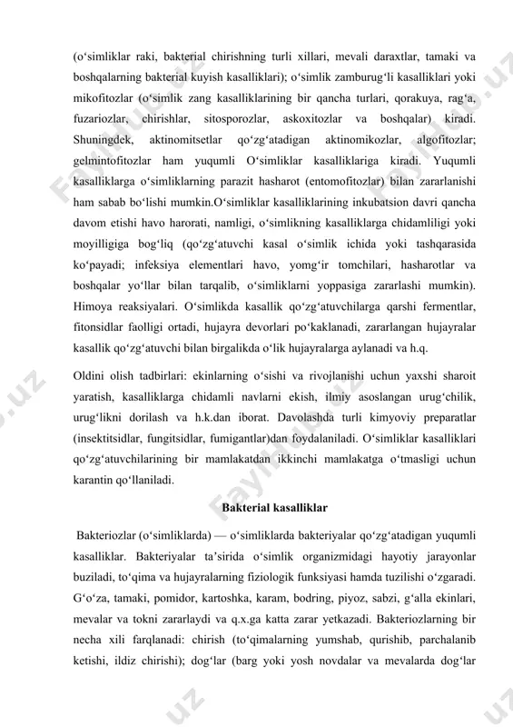 mamlakatga oʻtmasligi uchun karantin qoʻllaniladi. bakterial kasalliklar bakteriozlar (oʻsimliklarda) — oʻsimliklarda bakteriyalar qoʻzgʻatadigan yuqumli kasalliklar. bakteriyalar taʼsirida oʻsimlik organizmidagi hayotiy jarayonlar buziladi, toʻqima va hujayralarning fiziologik funksiyasi hamda tuzilishi oʻzgaradi. gʻoʻza, tamaki, pomidor, kartoshka, karam, bodring, piyoz, sabzi, gʻalla ekinlari, mevalar va tokni zararlaydi va q.x.ga katta zarar yetkazadi. bakteriozlarning bir necha xili farqlanadi: chirish (toʻqimalarning yumshab, qurishib, parchalanib ketishi, ildiz chirishi); dogʻlar (barg yoki yosh novdalar va mevalarda dogʻlar paydo boʻlishi); kuyish (gul, tuguncha, barg va novdalarning qoʻngʻir tusga kirib, qorayishi); bakterial rak (ildiz, poya yoki novdalarda shish hamda yaralar paydo boʻlishi); shira oqishi (gommoz). bakteriyalar oʻsimlik ichiga barg ogʻizchalari, nektar ajratuvchi bez teshiklari yoki jarohatlangan joylardan kirishi mumkin. bakteriya organizm ichiga kirgach, hujayralararo toʻsiqni eritib, toʻqimalararo yoʻllar bilan tarqaladi. natijada toʻqima chirigan kartoshka va sabzi ildizmevasi kabi yumshab qoladi. kasallikning bunday kechishi parenximatoz (toʻqima kasalligi) deb ataladi. boshqa tur bakteriyalar oʻsimlikning oʻtkazuvchi nay tutam (tomir)larida tarqalib, tomirlar bakteriozini …