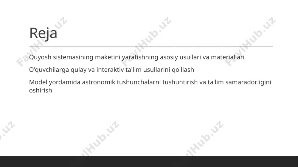 atadi, ayniqsa maket uchun mos. mustahkam va chidamli materiallar yog'och, plastmassa yoki metall elementlar modelning uzoq muddat xizmat qilishini ta'minlaydi, ayniqsa harorat va bosim ta'siriga chidamli bo'lishi uchun. rang va tekstura imkoniyatlari akril yoki plastmassa materiallar turli ranglarni oson qo'llashga imkon beradi, bu esa planetalar va yulduzlarning vizual ravshanligini oshiradi. ekologik va xavfsiz materiallar biologik parchalanuvchi va xavfsiz materiallar tanlash ekologik muhitni muhofaza qiladi, shuningdek, ta'lim jarayonida xavfsizlikni ta'minlaydi. quyosh sistemasi maketini yaratishda eng samarali materiallar va usullar 01 modeling uchun eng yaxshi materiallar plastilindan, kartondan va akril bo‘yoqlardan foydalanish oson va arzon, shuningdek, yasalgan modelni chidamli va vizual jihatdan jozibali qiladi. 02 zamonaviy texnologiyalar usullari 3d printerlar yordamida yuqori aniqlikdagi maketlar yaratish mumkin, bu usul ilmiy aniq va vizual tushuntirishda samarali bo‘ladi. 03 material tanlash mezonlari materiallar mustahkamlik, arzonlik va oson ishlov berish mezonlariga muvofiq tanlanadi. shuningdek, ekologik xavfsizlik va estetik jihatlarni hisobga olish muhim. interaktiv ta'lim usullari orqali …