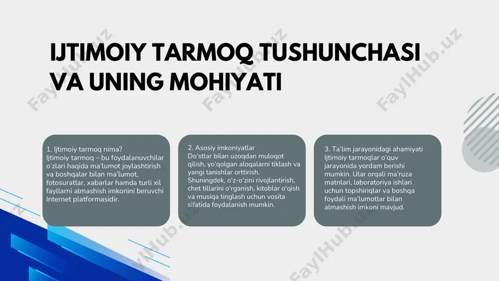 ida odamlar dunyodagi istalgan kishi bilan yuzma- yuz gaplashishi mumkin. ijtimoiy tarmoqqa oid ma’lumotlar: hozir butun dunyodagi odamlarning 63 foiz qismi internetdan foydalanadi. qariyb 1 yillik davr mobaynida internet foydalanuvchilari soni 200 millionga ortgan. foydalanuvchilarning asosiy qismi (92,4 foiz) mobil qurilmalar orqali internetdan foydalanadi. 4,65 milliard odam esa ijtimoiy tarmoqlarda faol. dunyo bo‘yicha 3 milliarddan ortiq messenjer foydalanuvchilar mavjud. eng ko‘p foydalanuvchiga ega bo‘lgan platformalar facebook va whatsapp bo‘lib, 2,5 milliarddan ortiq odam ulardan foydalanadi. facebook a • mark zuckerberg facebook yaratuvchisidir. u 2004-yilda garvard universitetida o'qib, yotoqxonada yashagan vaqtida talabalar uchun ushbu veb-saytni yaratadi. bir necha soat ichida u boshqa foydalanuvchilar bilan fikr almashishi va izoh qoldirishi mumkin bo'lgan bir necha yuz foydalanuvchini yig'di. shunday qilib “thefacebook.com” veb- saytining yaratilishi uchun birinchi qadam qo'yildi. b • “facebook” tarmog'ining asoschisi mark zuckerberg bu nom haqida juda uzoq vaqt o'ylamagan. gap shundaki, yigit o'qigan maktabda o'rta maktab o'quvchilariga manzillar, telefon raqamlari …