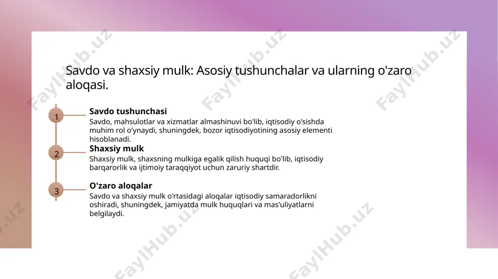 'sir qiladi. o'zbek madaniyatida mulk huquqlari: tarixiy kontekst va o'zgarishlar. 01 o'zbek mulk huquqi o'zbek mulk huquqi tarixan ko'p qadimiy an'analar bilan bog'liq bo'lib, ularning o'zgarishi iqtisodiy va ijtimoiy jarayonlarga ta'sir ko'rsatgan. 02 tarixiy o'zgarishlar o'zbekiston tarixida mulk huquqlari turli davrlarda o'zgarib, sovet davrida kollektivlashuv va mustaqillikdan keyin mulk huquqi yangilanishiga olib keldi. 03 madaniy ahamiyati o'zbek madaniyatida mulk huquqlari oilaviy va ijtimoiy aloqalarni mustahkamlashda muhim rol o'ynaydi, bu esa milliy birlikni ta'minlaydi. shaxsiy mulk va ijtimoiy mas'uliyat: o'zbek an'analaridagi o'rni. 1 mulk tushunchasi o'zbek an'analarida shaxsiy mulk tushunchasi kuchli o'rin tutadi, bu esa iqtisodiy barqarorlik va ijtimoiy mas'uliyatning asosidir. 2 ijtimoiy mas'uliyat shaxsiy mulk egalari jamiyatda ijtimoiy mas'uliyatni o'z zimmalariga oladilar, bu esa mahalliy hamjamiyatni rivojlantirishga yordam beradi. 3 o'zbek madaniyati o'zbek madaniyatida mulk va ijtimoiy mas'uliyat o'rtasidagi aloqalar an'anaviy qoidalar va urf-odatlar orqali mustahkamlanadi, bu esa barqarorlikni ta'minlaydi. o'zbekistonda mulk huquqlari va iqtisodiy rivojlanishning o'zaro aloqasi. 1 mulk …