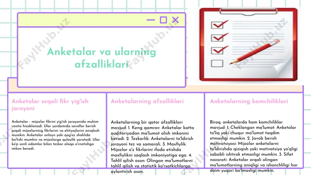 tiyojlarini yanada yaxshiroq tushunish uchun imkoniyat yaratadi. 3. ijtimoiy tarmoqlar: mijozlarning fikrlarini tez va oson yig‘ish uchun keng tarqalgan platforma. ehtiyojlarni tahlil qilish usullari, mijozlarning fikr va ehtiyojlarini aniqlashda muhim rol o'ynaydi. ular orasida, so'rovlar, intervyular va fokus guruhlar orqali olingan ma'lumotlar mavjud. tahlil qilish usullarining ta'rifi kichik guruhlar bilan o'tkaziladigan tahlil usullari, mijozlarning fikrlarini chuqurroq o'rganish imkonini beradi. statistik usullar esa, olgan ma'lumotlarni raqamlar yordamida tahlil qilishda yordam beradi. kichik guruhlar va statistik usullar ma'lumotlarni tahlil qilish vositalari ma'lumotlarni tahlil qilish uchun turli vositalar mavjud, jumladan, excel, spss va boshqa statistik dasturlar. ular yordamida ma'lumotlarni samarali tahlil qilish va natijalarga erishish mumkin. ehtiyojlarni tahlil qilish metodlari photo by jason goodman on unsplash photo by campaign creators on unsplash photo by windows on unsplash mijoz fikrlarini yig'ish: qisqacha ko'rinish fikrlarni yig'ish usullari usullar o'rtasidagi farqlar afzalliklar va kamchiliklar mijoz fikrlarini yig'ish, marketing strategiyalarini rivojlantirishda muhim ahamiyatga ega. ushbu jarayon turli …