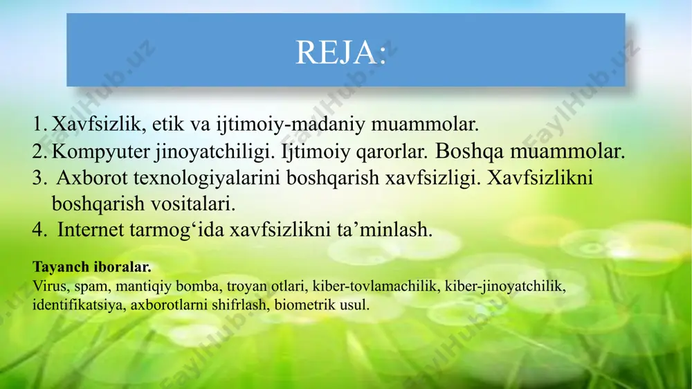 va ijtimoiy ofatlar, kompyuterning ishdan chiqishi, jismoniy oʻgʻirlik va boshqalar kiradi. dunyodagi aksariyat tashkilotlarning ish jarayonlari hanuz qogʻoz asosidagi xujjatlarga asoslangan[6], boʻlib, tegishli axborot xavfsizligi choralarini talab qilsa-da, korxonalarda raqamli texnologiyalarni joriy etish boʻyicha tashabbuslar soni barqaror oʻsib bormoqda [7][8]. bu esa axborotni himoya qilish uchun axborot texnologiyalari (it) xavfsizligi boʻyicha mutaxassislarni jalb qilishni talab qiladi. ushbu mutaxassislar axborot xavfsizligi texnologiyasini (koʻp hollarda kompyuter tizimlarining bir turini) taʼminlaydi. tahdidlar va xavfsizlik choralari axborot xavfsizligiga tahdidlar turli shakllarda boʻlishi mumkin. 2018-yil uchun eng jiddiy tahdidlar „xizmat koʻrsatish usulidagi jinoyatlar“ (inglizcha: crime-as-a-service), internet mahsulotlari, taʼminot zanjirlari va tartibga solish talablarining murakkabligi bilan bogʻliq boʻlgan tahdidlar boʻlgan [10]. „xizmat koʻrsatish usulidagi jinoyatlar“ yirik jinoiy hamjamiyatlar uchun darknet bozorida jinoiy xizmatlar paketini yangi paydo boʻlgan kiberjinoyatchilarga arzon narxlarda taqdim etishning bir namunasidir. bu yuqori texnik murakkablik yoki yuqori narx tufayli ilgari erishib boʻlmagan xakerlik hujumlarini amalga oshirish imkonini beradi. bu esa kiberjinoyatni ommaviy hodisaga …