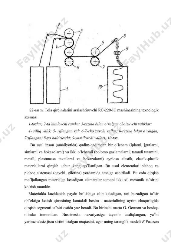formulasi yaroqli bo’lib chiqdi. bu mazkur ishda maxsus eksperimentlar bilan isbotlangan. shu narsani ta‟kidlaymizki, faqat kontakli bosim yordamida tolani yoki boshqa materiallardan kesish uchun qator ishlarni bajarish lozim. kontaktli deformatsiya (shakliy o’zgarish) va kuchlanish yuz berganda shunday sxemani amalga oshirish lozim, ya‟ni, bunda kesilayotgan materialning umumiy siljishi yo butunlay bo’lmasligi ksrak (a), va minimal darajada (b, v, g) bo’lishi lozim. kesayotgan qirrada egrilik radiusi qancha katta bo’lsa, qo’yiladigan r yuki (statistik yoki dinamik) muayyan darajada bo’lib, u shuncha katta bo’lishi kerak. bu avtomatik qirqishda yo pichoqlarni tez-tez qayragani, yoki kesayotgan o’tmaslashmaydigan tig’ mavjudligi sababli bo’lishi mumkin (alohida termoishlov berish termik ishlash va o’zi qayraydigan konstruksiya materiali). agar tolalar qatlami kesilayotgan bo’lsa muhim muammolar yuz beradi. bu jarayonning unumdorligiga bo’lgan talablar bilan bog’liq bo’lib, umumiy siljish bo’lmaganda shart bajarilmaydi. quyi qatlamlar tolalarning uzilishi uzunasiga qirqishning buzilishiga, bog’lamdagi qirqilmagan tola massasidan tolalarni yulinishiga olib keladi. tolaning sirti bo’ylab pichoq o’tkir tig’ining ishqalanishi, …