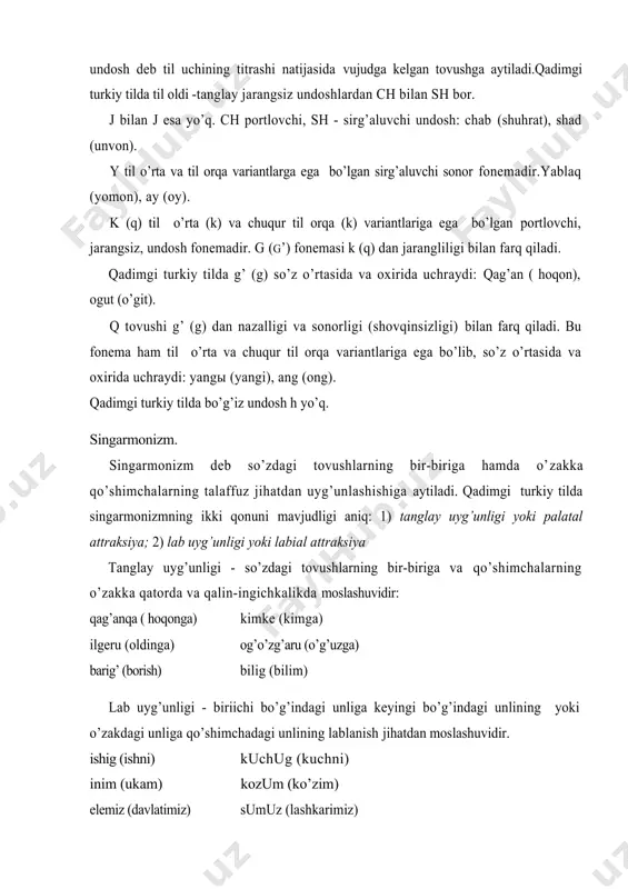 r mavjud. shuningdek , turkiy tillarda urg’uning tarixan qaysi turlari qo’llanilishi masalalari ham to’la aniklanmagan. shunga ko’ra, turkolog olimlar tomonidan turkiy so’zlarning qaysi pozitsiyasiga qanday urg’u tushganligi haqida turlicha fikrlar aytilgan. radlov, boduen, de kurtene korsh singari turkologlar turkiy tillarda urg’u so’zlarning bosh bo’g’iniga tushganligini ta’kidlashsa, sevortyan, shcherbak baskakov kabi olimlar urg’uni so’zlarning oxirgi bo’g’iniga tushishini ta’kidlaydilar. adabnyotlar: 1r.abdurahmonov,a.rustamov.qadimgi turkiy til.t.:o’qituvchi.1982y 3-6 betlar 2.s.a.baskakov. vvedeniye v izucheniye tyurkyokix yazыkov. m-1962 str 113-117 3.s.b.malov. pamyatniki drevnetyurkskoy pismennosti m -l 1951str. 96-97 4. d.m.nasilov. izucheniye pamyatniki» drevne uyg’urskogo yazыka v otechestvennom vostokovedenii. tyurkologicheyokiy sbornik m 1970 str. 93 5. www.ziyonet.uz