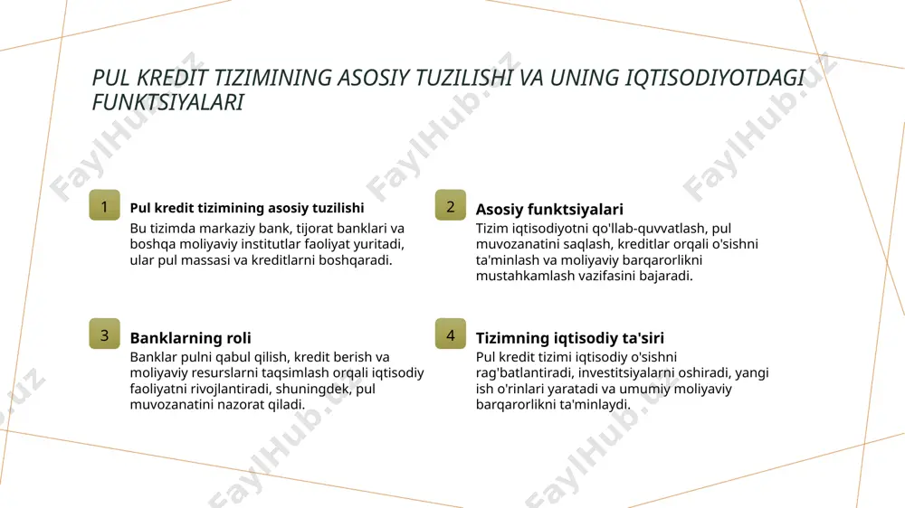 ng imkoniyatlari chegaralanib, noto‘g‘ri kredit siyosati va moliyaviy muammolar iqtisodiy rivojlanishga to‘sqinlik qilishi mumkin, risklarni boshqarish muhimdir. innovatsiyalar va rivojlanish banklar yangi texnologiyalar va innovatsion moliyaviy xizmatlar orqali samaradorlikni oshiradi, bu esa iqtisodiy barqarorlik va uzluksiz rivojlanishga xizmat qiladi. moliyaviy barqarorlikni ta'minlashda banklarning roli va mexanizmlari 1 kreditlar va moliyaviy omillarni boshqarish banklar iqtisodiy barqarorlik uchun kredit siyosatini muvofiqlashtiradi, risklarni nazorat qiladi va iqtisodiy shoklarga qarshi himoya mexanizmlarini ishlab chiqadi. 2 suyuqlik va kapitalni boshqarish banklar suyuqlikni ta'minlab, likvidlik risklarini kamaytiradi, kapitalni to'g'ri taqsimlab, moliyaviy muvozanatni saqlashga yordam beradi. 3 monitoring va nazorat mexanizmlari banklar moliyaviy barqarorlik uchun aktivlar va passivlarni doimiy nazorat qiladi, kredit risklarini baholaydi va muvofiqlikni ta'minlaydi. iqtisodiy rivojlanishda banklarning kredit siyosati va uning ta'siri 1 kredit siyosatining asosiy yo'nalishlari banklarning kredit siyosati iqtisodiy o'sishni qo'llab-quvvatlash uchun resurslarni qanday taqsimlash va muvozanatni saqlashga qaratilgan strategiyalarni belgilaydi. 2 kredit berishning ijtimoiy va iqtisodiy ta'siri to'g'ri kredit siyosati ishlab …