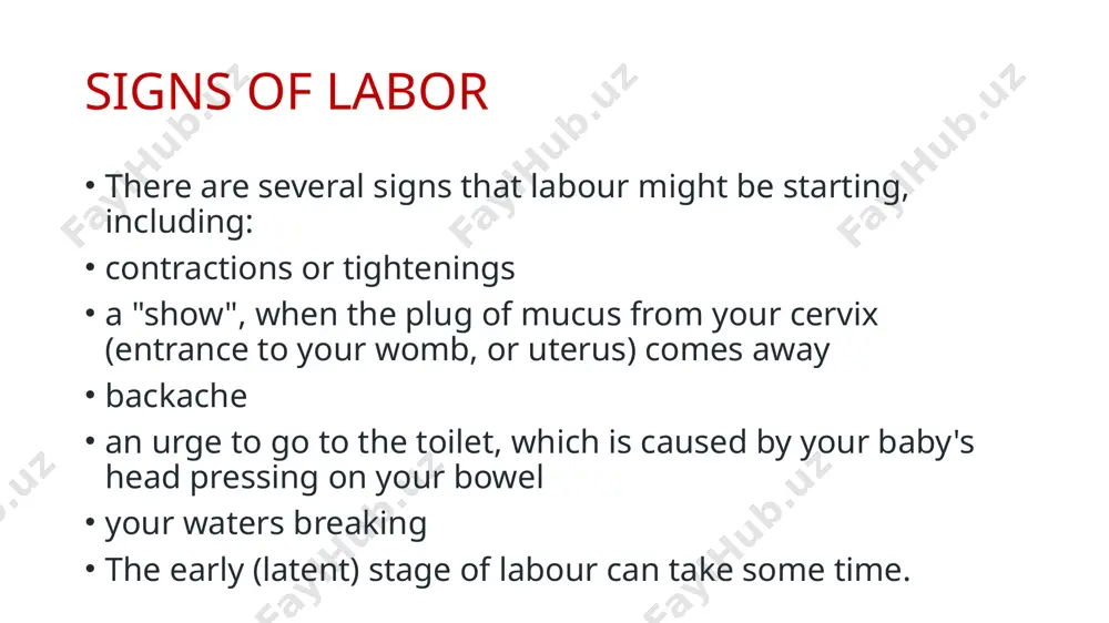 or, your cervix is fully dilated and ready for childbirth. this stage is the most work for you because your provider wants you to start pushing your baby out. this stage can be as short as 20 minutes or as long as a few hours. it may be longer for first-time moms or if you've had an epidural. third stage of labor third stage means that you wait for the placenta to be delivered naturally. after your baby's birth, your midwife will delay clamping the umbilical cord to allow oxygenated blood to pulse from the placenta to your baby. image1.png image2.png /docprops/thumbnail.jpeg