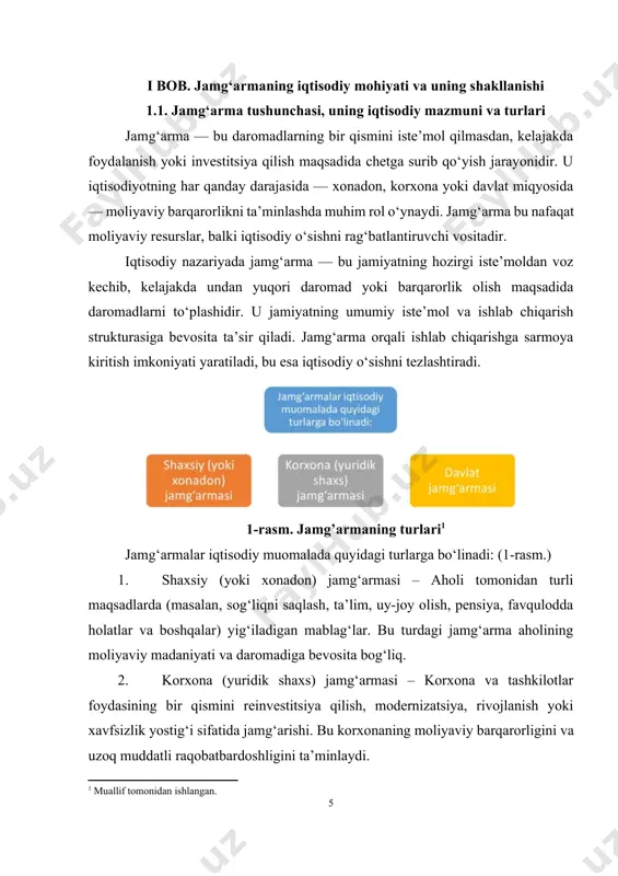 dan farqlanadi. jamg‘arilgan mablag‘laming moddiy ishlab chiqarish va xizmat ko‘rsatish sohalarining asosiy kapitallarini va aylanma mablagiarini kengaytirishga ketadigan qismi ishlab chiqarish sohasidagi jamg‘arish summasini hosil qiladi. ishlab chiqarish sohasidagi jamg‘arish iqtisodiy o‘sishning muhim omilidir. ijtimoiy-madaniy sohadagi jamg‘arish (noishlab chiqarish jamg‘arishi) uy-joy fondini, kasalxonalar, o‘quv muassasalari, madaniyat, sog‘liqni saqlash, sport muassasalari, ya’ni nomoddiy ishlab chiqarish tarmoqlarini kengaytirish, rekonstruksiyalash, yangilashga sarflanadi. noishlab chiqarish sohasini kengaytirish ham ishlab chiqarishni rivojlantirishning zarur shartidir. jamg‘arish summasi, uning hajmi va tarkibi takror ishlab chiqarish sur’atlarini belgilab beradigan hal qiluvchi omillardir. jamg‘arish normasi bevosita jamg‘arish summasining butun milliy daromad hajmiga nisbati bilan aniqlanadi: jn=(js / md) x loo%, bu yerda , jn - jamg‘arish normasi; js - jamg‘arish summasi; md - milliy daromad. jamg‘arish normasining ham o‘z chegarasi bo‘lib, uni me’yoridan oshirish iqtisodiy jihatdan samarasiz bo‘lib chiqishi va salbiy oqibatlarga olib kelishi mumkin. masalan, uning haddan tashqari ortishi natijasida investitsion sarflar samaradorligi pasayib ketishi mumkin, chunki kapital …