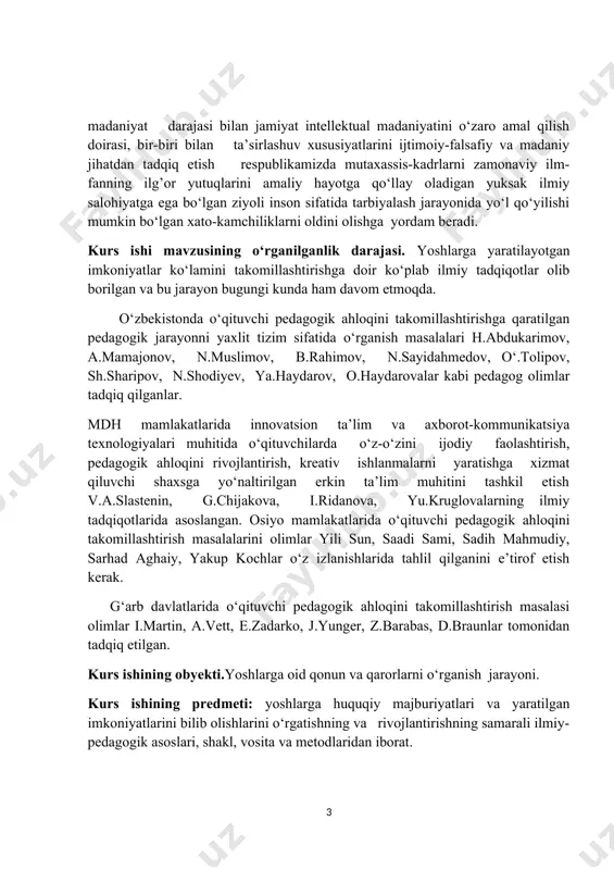 ishlarida tahlil qilganini e’tirof etish kerak. g‘arb davlatlarida o‘qituvchi pedagogik ahloqini takomillashtirish masalasi olimlar i.martin, a.vett, e.zadarko, j.yunger, z.barabas, d.braunlar tomonidan tadqiq etilgan. kurs ishining obyekti.yoshlarga oid qonun va qarorlarni o‘rganish jarayoni. kurs ishining predmeti: yoshlarga huquqiy majburiyatlari va yaratilgan imkoniyatlarini bilib olishlarini o‘rgatishning va rivojlantirishning samarali ilmiy-pedagogik asoslari, shakl, vosita va metodlaridan iborat. kurs ishining maqsadi va vazifalari. kurs ishining maqsadi konistitutsiyada va ta’lim to‘g‘risidagi qonunda yoshlarga yaratilgan imkoniyatlarni o‘rganib chiqish. kurs ishining vazifasi etib quyidagilar belgilandi: · qonunda yoshlarga yaratilgan imkoniyatlarni nazariy tadqiq etish; · yoshlarga yaratilayotgan imkoniyatlar va uning vazifalarini aniqlash; · imkoniyatlarni o‘rganish orqali yoshlarni kamol toptirish usullarini tahlil qilish; · o‘zbekiston respublikasi konistitutsiyasida yoshlar masalalarining yoritilishi; · ta’lim to‘g‘risidagi qonunda yoshlar masalarining o‘rni o‘rganish; · yoshlarga oid davlat siyosati va uning pedagogik imkoniyatlari yoritish; · yoshlarga oid davlat siyosatini o‘rgatishga doir mashg‘ulot ishlanmasi tayyorlash; kurs ishining amaliy ahamiyati. qonunlarni nazariy jihatdan tadqiq qilindi; qonuniy tamoillari …