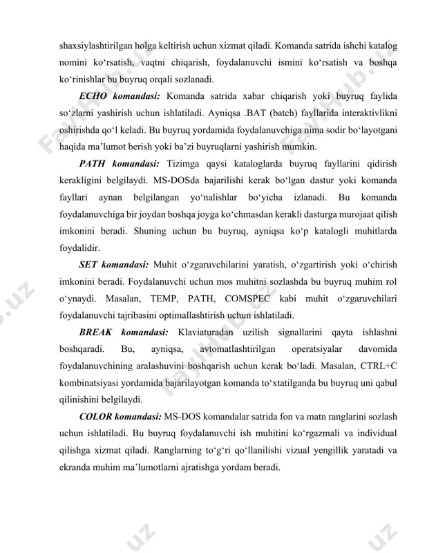 angan boshqaruv, diskni boshqarish, fayllarni optimallashtirish, kompyuterning umumiy ish faoliyatini tartibga solish uchun mo‘ljallangan bo‘ladi. ularning mavjudligi foydalanuvchiga yanada ko‘proq nazorat, mustaqillik va tizimni chuqurroq boshqarish imkonini beradi. bu komanda har qanday diskka (xususan, floppi-disk, qattiq disk yoki usb qurilmalarga) formatlash jarayonini bajarish uchun ishlatiladi. u ma’lumotlarni tozalab tashlaydi, sektoralarni tekshiradi, diskda bo‘sh joylarni aniqlaydi va fayl tizimini yaratadi. format buyruği yangi o‘rnatilgan yoki xatoliklar aniqlangan disklar bilan ishlashda nihoyatda muhim. shu bilan birga, format komandasi foydalanuvchini ogohlantiruvchi mexanizmga ega bo‘lib, tasodifiy formatlashdan himoyalanadi. bu komanda orqali foydalanuvchi diskni fat12, fat16 yoki fat32 fayl tizimiga o‘tkazishi ham mumkin. ms-dosda format komandasining mavjudligi kompyuterning texnik xizmatida fundamental ahamiyat kasb etadi. chkdsk (check disk) komandasi — bu diskni tekshirish va undagi xatoliklarni aniqlash uchun ishlatiladi. u fayllar tuzilmasi, katalog yozuvlari, sektorlar, klasterlar va boshqa xotira bo‘linmalaridagi nomutanosibliklarni aniqlashda muhim rol o‘ynaydi. bu komanda ko‘pincha kompyuter noto‘g‘ri o‘chirilganda yoki fayllar zarar ko‘rganda ishlatiladi. …