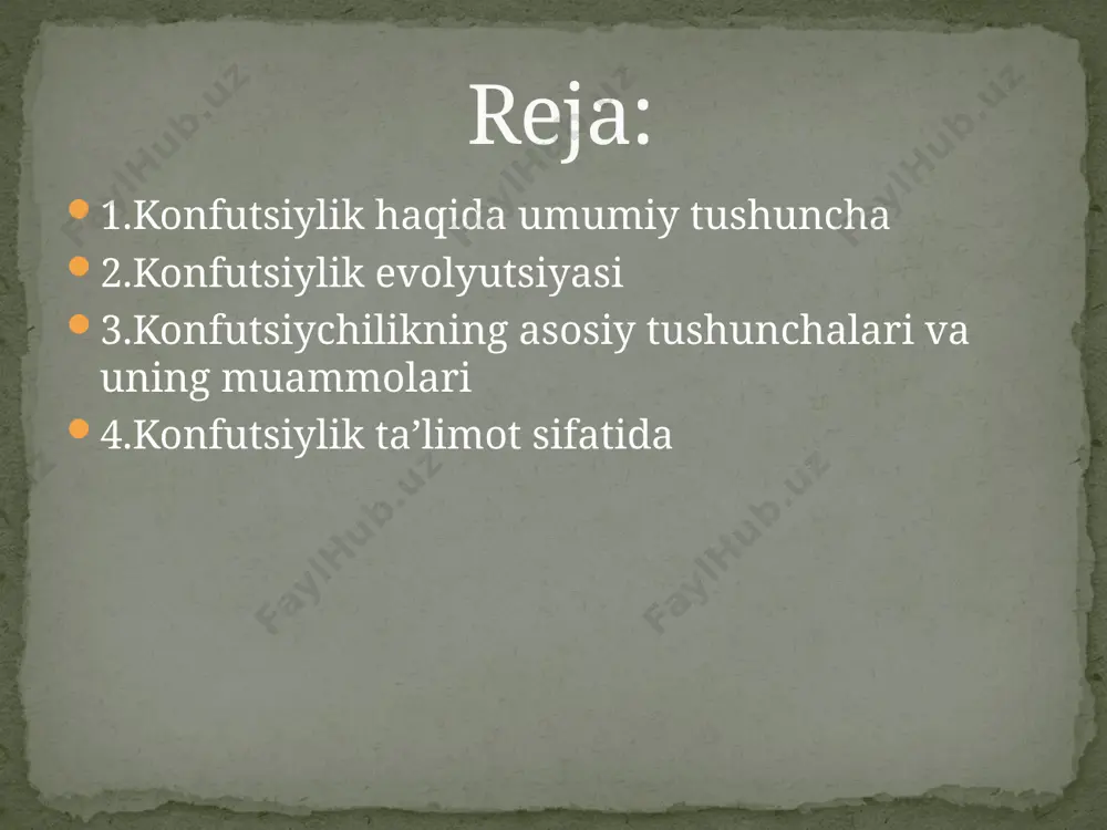 ilik bilan shug’ullanadi. xitoyda konfutsiy tuzgan maktab ko’p asrlar davom etdi.miloddan avvalgi 136 yilda imperator u-di hukmronlik qilgan davrda konfutsiy qarashlari rasmiy ravishda ta‘limot – tizim deb e‘lon qilindi. 3.konfutsiychilikning asosiy tushunchalari va uning muammolari shundan keyin konfutsiy ta‘limoti ikki ming yildan ortiq vaqt maboynida hukmron g’oya sifatida davom etdi. konfutsiyning inson to’g’risidagi fikr-mulohazalarini, shogirdlari bilan suhbatlarini aks ettiruvchi «suhbatlar va mulohazalar» asarida ko’rishimiz mumkin.jamiyatda sodir bo’layotgan turli axloqsizliklardan konfutsiy qattiq tashvishga tushadi, fuqarolarni tarbiyalashga harakat qilib, ularni insof-diyonatga, bir-birlarini hurmat qilishga, atrof-muhit musaffoligini ta‘minlashga chorlaydi.uning tushuntirishicha, insoniylikning turli fazilatlarini o’zida mujassamlashtirgan chinakam inson faqat o’zi uchun emas, balki jamiyat uchun, boshqalar uchun ham yashamog’i darkor. konfutsiylik mohiyati insonning insoniyligi, eng avvalo, quyidagi talablarga javob bermog’i darkor. chunonchi: a) o’zing erishishni orzu qilgan muvaffqiyatlarga boshqalar erishishi uchun har tomonlama ko’mak ber; b) o’zing boshingga tushshini istamagan kulfatlarni boshqalarga ham ravo ko’rma. konfutsiyning pedagogik qarashlarida jamiyatda mavjud bo’lgan tartib-qoidalarni hurmat qilish …