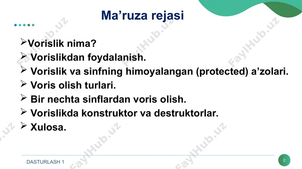 a’zolari voris sinf uchun protected a’zo bo’lib o’tadi. private vorislik: bunda asos sinfning public va protected a’zolari voris sinfning private a’zosiga ayanadi. dasturlash 1 misol. obyekt orqali jo’natilgan qiymatni qaytarish dasturi * class base { int i, j; public: void set(int a, int b) { i=a; j=b; } void show() { cout using namespace std; class base1 { protected: int x; public: void showx() { cout << x << "\n"; } }; class base2 { protected: int y; public: void showy() { cout << y << "\n";} }; dasturlash 1 davomi… * // ikkita sinfdan voris olinyapti. class derived: public base1, public base2 { public: void set(int i, int j) { x=i; y=j; } }; int main(){ derived ob; ob.set(10, 20); // voris sinf obyekti ob.showx(); // birinchi (base1) sinf metodi ob.showy(); // ikkinchi (base2) sinf metodi return 0; } dasturlash 1 vorislikda konstruktor va destruktorlar * voris sinf obyekti …