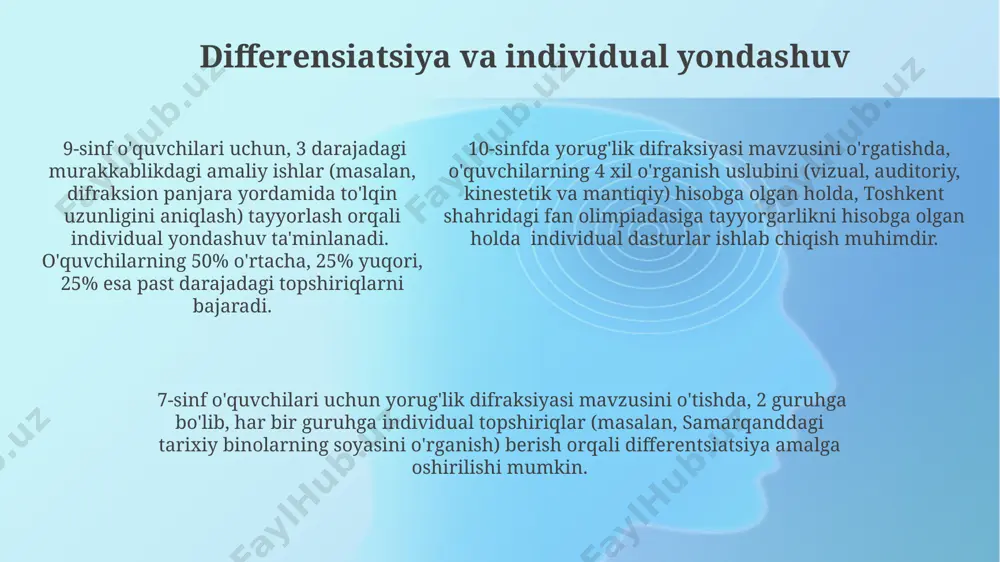 tsion dasturlarni qo'llash samarali bo'ladi, bu esa difraksiya naqshining hosil bo'lish mexanizmini aniqroq ko'rsatadi. nur difraksiyasini o'rgatishda, 15° burchak ostida joylashtirilgan to'siqlar orqali nur o'tkazish tajribasini o'tkazish, samarqanddagi maktab laboratoriyalarida mavjud jihozlardan foydalanib, difraksiya hodisasini amaliy ko'rsatishga yordam beradi. difraksiya hodisasini 8-sinf o'quvchilariga tushuntirish uchun, to'lqin uzunligi va to'siq o'lchamlari o'rtasidagi bog'liqlikni 3 ta turli misol orqali ko'rsatish, masalan, tovush va suv to'lqinlarida kuzatiladigan difraksiyani taqqoslash foydali bo'ladi. o'quvchilarning oldingi bilimlari va tayyorgarligi 7-sinf o'quvchilari nurlanish va soyani 5-sinfda o'rgangan bo'lishlari kerak, shuning uchun difraksiyani tushuntirishda shu bilimlarga tayanish mumkin. masalan, nur manbalarining turli xil shakllari va ularning soyalariga ta'siri haqida misollar keltirish mumkin. fizika fanidan 8-sinf dasturida to'lqinlar haqida ma'lumot berilgan bo'lib, ularning xossalari (interferensiya, difraksiya) haqida boshlang'ich tushunchalarga ega bo'lishlari kerak. shu sababli, difraksiyani to'lqinlar nazariyasi asosida tushuntirish mumkin. o'quvchilarning aksariyati (taxminan 80%) geometrik optikaning asosiy qonunlarini, masalan, nurning to'g'ri chiziq bo'ylab tarqalishini biladilar. ushbu bilimlar difraksiya hodisasini …
