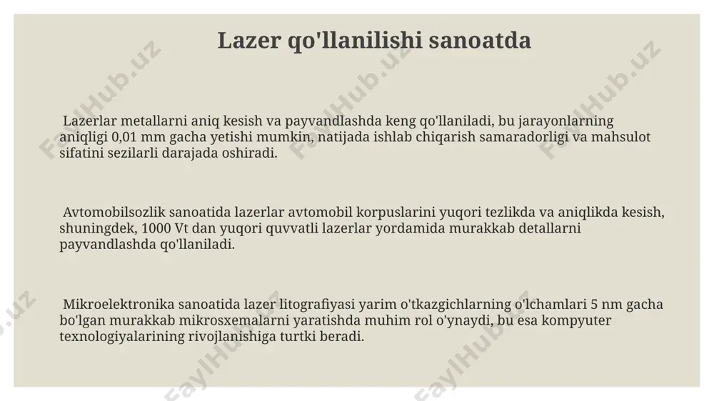 trix-kodlarni yuqori aniqlikda tez va samarali o'qish imkoniyati mavjud bo'lib, logistika va savdo sohalarida keng qo'llaniladi. hozirgi zamon optik aloqa tizimlarida lazer diodlari keng qo'llaniladi, ularning to'lqin uzunligi 1310 nm yoki 1550 nm bo'lib, kam signal yo'qotishlari bilan uzatishni ta'minlaydi. lazerlar optik tolali aloqa tizimlarida yuqori tezlikdagi ma'lumot uzatishni ta'minlaydi, bu sekundiga gigabitlar va terabitlar miqdorida ma'lumot oqimini yaratishga imkon beradi. lazerlarning tarixi lazerlarning rivojlanishiga 1917-yilda albert einstein tomonidan kashf etilgan qo'zg'alishli nurlanish hodisasi asos bo'ldi, bu esa lazerning asosiy printsipini tushuntirdi. 1960-yilda theodore maiman dunyodagi birinchi qo'zg'alishli lazerni, rubin kristalli asosida 694 nanometr to'lqin uzunligiga ega nur chiqaradigan qurilmani yaratdi, bu lazer texnologiyalarining boshlanishi bo'ldi. helium-neon lazerlari (hene lazerlar) 1960-yillarning boshlarida ixtiro qilindi va o'zining nisbatan past narxi va yuqori ishonchliligi tufayli keng tarqaldi, ko'plab ilmiy va tibbiy qo'llanmalarga ega bo'ldi. lazerlarning afzalliklari va kamchiliklari lazerlar yuqori aniqlikka ega boʻlib, 1 mm dan kamroq aniqlik bilan kesish va payvandlash …