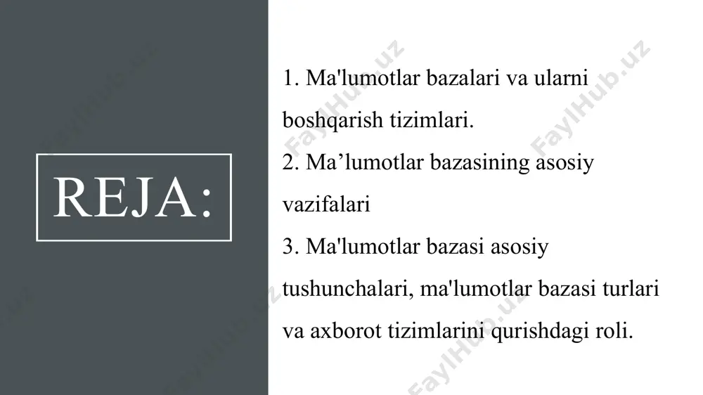 lgan formatda saqlash turli xil ishlov berish usullarini qo'llash orqali ma'lumotlarni kerakli formatda olish imkonini beradi. ma'lumotlar bazasining ishlashi ma'mur(administrator) tomonidan ta'minlanadi. ma'lumotlar bazasi administratori - ma'lumotlar bazasiga talablarni ishlab chiqish, uni loyihalashtirish, joriy etish, samarali foydalanish va saqlash, shu jumladan ma'lumotlar bazasi foydalanuvchilarini boshqarish va ruxsatsiz kirishdan himoya qilish uchun mas'ul shaxs. mbbt-ning muhim vazifasi ma'lumotlar bazasining yaxlitligini ta'minlashdir. ma'lumotlar bazasining yaxlitligi ma'lumotlar bazasining xususiyati bo'lib, ma'lumotlar bazasida dasturlarning to'g'ri ishlashi uchun zarur va etarli bo'lgan to'liq va izchil ma'lumotlar mavjudligini anglatadi. ma'lumotlar bazasida saqlanadigan ma'lumotlarning mantiqiy tuzilishi ma'lumotlar taqdimot modeli deb nomlanadi. ma'lumotlarni taqdim etishning asosiy modellariga: ierarxik model ma'lumotlarni daraxtsimon tashkil qilishni o'z zimmasiga oladi. tuzilishning eng yuqori darajasida dastlabki tugunlari bo'lmagan daraxtning ildizi joylashgan. qolgan tugunlar yuqoridagi tugun orqali bog'langan tarmoq modeli har qanday elementni boshqa biron bir element bilan bog'lash mumkin bo'lganda, ma'lumotlarni tarmoq tuzilishi shaklida tashkil qilishni o'z zimmasiga oladi. relyatsion model (munosabat so'zidan …