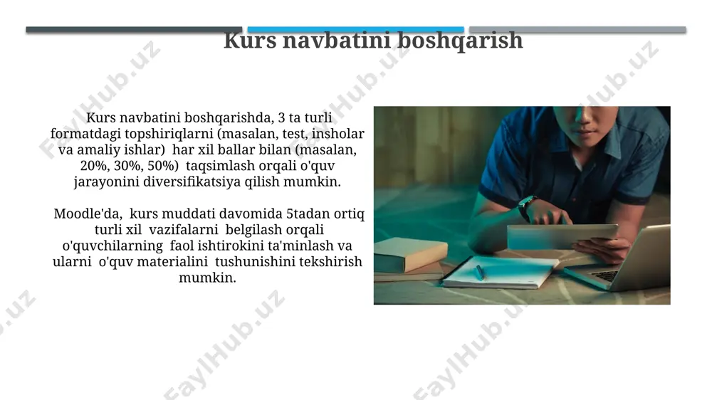 arida 3 ta turli rolga (o'qituvchi, talaba, mehmon) kirish huquqlarini aniq belgilashingiz va ularga tegishli fayllarga kirishni 2-darajali autentifikatsiya yordamida himoya qilishingiz mumkin. moodle lmsga kirish moodle saytiga kirgandan so'ng, siz 5 dan ortiq turli xil rollarga ega bo'lishingiz mumkin: talaba, o'qituvchi, administrator va boshqalar. har bir rolga turli xil imkoniyatlar va huquqlar beriladi. moodle lmsga kirishda 2 ta asosiy usul mavjud: foydalanuvchi nomi va parol yoki tashqi identifikatsiya provayderi (masalan, google yoki facebook) orqali. xavfsizlikni ta'minlash uchun kuchli parollardan foydalaning va ularni muntazam ravishda o'zgartirib turing. kursni eksport qilish va import qilish kursni import qilish jarayoni davomida siz ma’lumotlarning to’qnashuvlarini oldini olish uchun tanlovlar qilishingiz, masalan, mavjud resurslarni almashtirish yoki yangi nomlar yaratishingiz mumkin. katta hajmdagi kurslarni eksport va import qilish vaqt talab qiladi; 100 dan ortiq faoliyatga ega katta kurslarni eksport qilish 30 minutgacha vaqt olishi mumkin. e'tiboringiz uchun rahmat @taqdimot_robot image1.jpg image2.jpg image3.jpg image4.jpg image5.jpg image6.jpg image7.jpg …