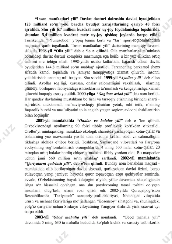 kasb etadi. mamlakat aholisiga tabiiy gaz qo‘shni davlatlardagiga nisbatan arzon narxlarda yetkazib beriladi. masalan, aholiga 1 ming metr kub. hajmdagi tabiiy gazni sotish uchun qirg‘izistonda 309 dollar, tojikistonda 303,5 dollar, qozog‘istonda 100-140 dollar, 0 ‘zbekistonda esa 30 dollar narx belgilangan. shuningdek, mamlakat mustaqillikka erishgach, aholi uy-joylari va xonadonlarni gazlashtirishga katta e’tibor qaratildi. ayniqsa, bu borada shahar va qishloqlaming gaz bilan ta’minlanish darajasi o‘rtasidagi tafovutni keskin qisqartirishga ahamiyat berildi. buning natijasida 2010-yilda mamlakatdagi xonadonlaming gaz bilan ta’minlanish darajasi shahar joylarda 85 foizni, qishloq joylarda esa 78,7 foizni tashkil etdi. shu kunga qadar jami gazlashtirilgan xonadonlar soni 4270,6 mingtani tashkil etib, shundan 2419,8 mingtasi shaharda, 1850,8 mingtasi esa qishloqda joylashgan. mamlakat tarixida ulkan tadbirlarni amalga oshirish bilan bir qatorda, juda muhim ijtimoiy dasturlar ham qabul qilinib, ulaming muvaffaqiyatli amalga oshirilishi yurtning gullab-yashnashida, yoshlar tarbiyasida o‘zining ijobiy samarasini bermoqda. mamlakat jahon hamjamiyatida munosib o‘rin egallaganidan keyin, 1996-yilga kelib dastlabki ijtimoiy dasturlar qabul qilindi. …