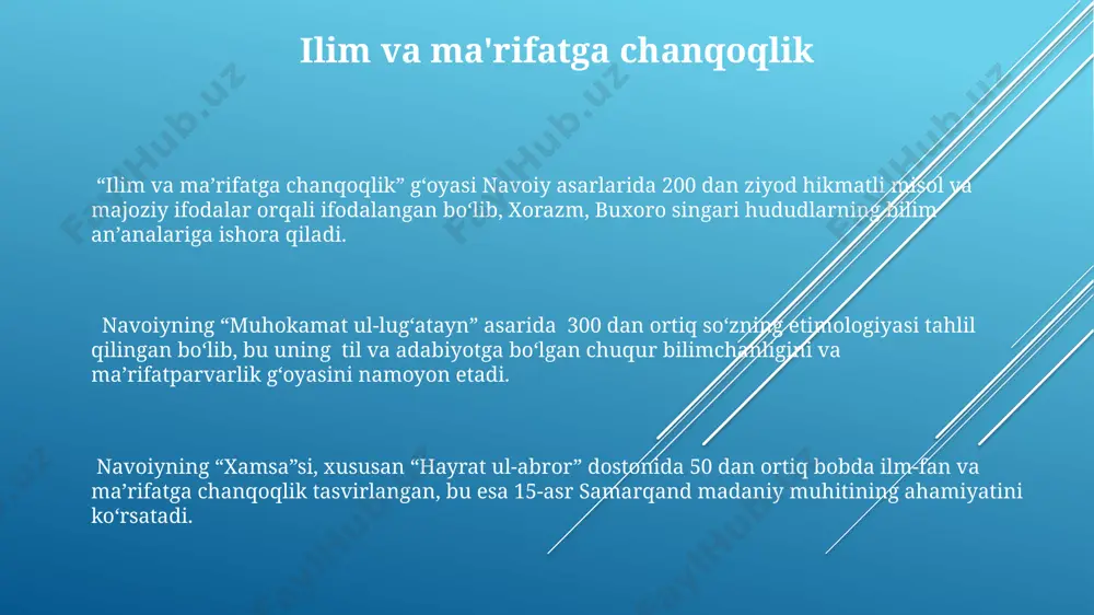 at, halollik kabi muhim qadriyatlarni ham o'zida aks ettiradi. “insonparvarlik va mehr-oqibat”da keltirilgan 7 ta hikmatli so'z va masallar, navoiyning o'z davri va keyingi avlodlar uchun qoldirgan boy ma'naviy merosi hisoblanadi. e'tiboringiz uchun rahmat @taqdimot_robot