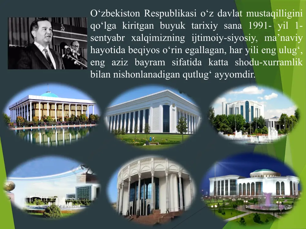 ayotini o‘z hukmronligi ostida, o‘z manfaatlari yo‘lida boshqardi. o‘zining necha ming yillik ko‘hna tarixida ne-ne voqealarni boshidan kechirgan xalqimiz uchun o‘zbekiston mustaqilligi – hayotimizni, ongu shuurimizni tubdan o‘zgartirgan eng ulug‘, eng aziz sana sifatida ko‘p yillar, zamonlar o‘tsa-da, o‘z ahamiyati, qadr-qimmati va mohiyatini yo‘qotmaydigan, tom ma’noda, olamshumul voqea bo‘lib abadiy saqlanib qoladi. mamlakatimizda mustaqillik yillarida olib borilgan keng ko‘lamli islohotlar natijasida milliy davlatchiligimiz poydevori mustahkamlanib, davlatimiz suvereniteti, chegaralarimiz daxlsizligi ta’minlandi, jamiyatimizda tinchlik va osoyishtalik, millatlararo totuvlik va diniy bag‘rikenglik muhitini kuchaytirish, qonun ustuvorligi, inson huquq va erkinliklari hamda manfaatlarini ro‘yobga chiqarish bo‘yicha ulkan ishlar amalga oshirildi. 2017-2021 yillarda o‘zbekiston respublikasini rivojlantirishning beshta ustuvor yo‘nalishi bo‘yicha harakatlar strategiyasi ishlab chiqildi hamda o‘zbekiston respublikasi prezidenti shavkat mirziyoyev tomonidan imzolandi. ushbu harakatlar strategiyasini amalga oshirish bo‘yicha jamiyatimizning barcha qatlami yakdillik namoyish etayotgani xalqimizning ulkan muvaffaqiyatlar, taraqqiyotning yangi marralariga erishish, pirovardida odamlarimiz turmush darajasini yanada oshirish imkonini bermoqda. mustaqillik yillarida respublikamizning barcha joylarida shahar …