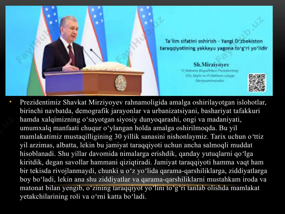 dunyoqarashiyu, tafakkurida demokratik oʻzgarishlar yuz berdi. umuman hamma sohada katta yuksalish, rivojlanish va ijobiy oʻzgarishlar davri boʻldi. bu besh yillikda demokratik qadriyatlar, fuqarolarning demokratik-huquqiy erkinliklari qaror topib, matbuot va soʻz erkinligiga yoʻl ochib berildi. jamiyatga demokratik huquqiy va matbuot erkinligini berish har qanday davlat rahbaridan katta matonat va jasorat talab etadi. shavkat mirziyoyev oʻzida ana shu matonat va jasoratni topa oldi. bu xizmatlari bilan prezidentimiz xarizmatik shaxs ekanini isbotladi hamda oʻzbekiston tarixida demokratik prezident sifatida alohida joy oldi. bular hammasi xalqimiz uchun haqiqiy maʼnodagi tuhfa boʻldi. buni aytishdan maqsadim — taʼlim erkinlikni sevadi. taʼlim tizimida, jumladan, oliy taʼlimda amalga oshirilgan islohotlar natijasida yuz bergan oʻzgarishlar ijtimoiy-siyosiy, huquqiy, iqtisodiy va maʼnaviy jihatdan katta tarixiy ahamiyatga ega. amalga oshirilgan islohotlar nafaqat mamlakatimizda katta ijobiy oʻzgarishlarga olib keldi, hatto xalqaro maydonda ham mamlakatimiz obʼroʻ-eʼtiborini yangi bosqichga olib chiqdi. bu borada qator meʼyoriy hujjatlar qabul qilindi. prezidentimiz taʼlimdagi kamchiliklarni tanqidiy tahlil qilib, uni bartaraf …