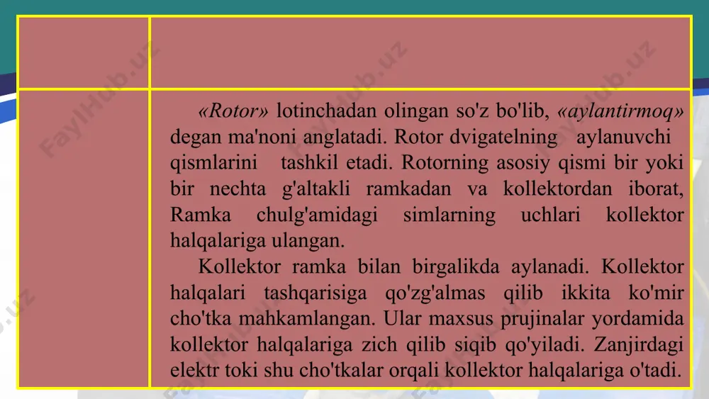 iki esa 20 % dan ortmaydi. elektr dvigatellarning afzalliklari: ixcham va foydalanishga qulay, havoni ifloslantirmaydi, moddiy mahsulot talab qilmaydi, foydali ish koef­fitsiyenti yuqori. elektr dvigatellar istalgan quvvatga mo'ljallab ishlab chiqariladi. masalan, elektr ustaralarda dvigatel quvvati bir necha vattli bo'lsa, elektrovoz, kemalarniag elektr dvigatellari bir necha megavattli bo'ladi. turli maishiy elektr asboblari fen, drel, charx (174-rasm), magnitofon, ventilator, muzlatgich, tikuv va kir yuvish mashinalariga elektr dvigatellar o'rna-tilgan bo'ladi. korxonalarda elektr dvigatellari turli dastgoh va mashinalarni harakatga keltiradi. qishloq xo'jaligida elektr dvigatellaridan nasoslarni, g'alla yanchadigan mashinalarni, elevatorlarni yurgizish uchun foydalaniladi. transportda elektr dvigatellari tramvay, trolleybus, metro poyezdlari va elektrovozlami harakatga keltiradi. elektr dvigatellaming turli sohalarda keng qo'llamlishi inson mehnatini osonlashtirdi, faoliyatida qulaylik yaratdi.
