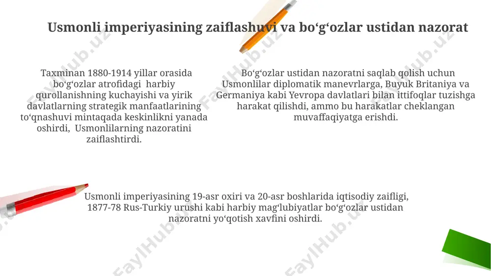 yo'lini nazorat qilish va rossiyaning janubiy kengayishini cheklash uchun muhim strategik ahamiyatga ega edi, bu ularning 19-asr oxiridagi global manfaatlarining bir qismi hisoblanardi. rossiya-turkiya urushlari va boʻgʻozlar 19-asr oxiri va 20-asr boshlarida boʻgʻozlar ustidan nazorat uchun rossiya va usmonli imperiyasi oʻrtasida kuchli geosiyosiy raqobat kuzatildi, bu esa bir necha diplomatik inqirozlarga olib keldi. boʻgʻozlar masalasi 1914-1918 yillardagi birinchi jahon urushida muhim rol oʻynadi, chunki ushbu hudud strategik transport yoʻnalishi sifatida har ikki tomon uchun ham muhim edi. 1877-1878 yillardagi rossiya-turkiya urushi natijasida rossiya imperatorligi strategik ahamiyatga ega boʻlgan qora dengiz boʻgʻozlarini nazorat qilishga yaqinlashdi, ammo bu london shartnomasi bilan cheklandi. bosfor va dardanel boʻgʻozlarining strategik ahamiyati boʻgʻozlarning strategik ahamiyati birinchi jahon urushi boshlanishida yaqqol koʻrindi, chunki ular germaniya va ittifoqdoshlari uchun muhim dengiz yoʻnalishlarini nazorat qilishni anglatardi. 1909-yilgi bosfor konvensiyasi, usbu boʻgʻozlardan oʻtish huquqlarini tartibga solishga urinib, buyuk davlatlar oʻrtasidagi kuchlar muvozanatini aks ettirdi va rossiya uchun cheklovlar oʻrnatdi. bosfor …