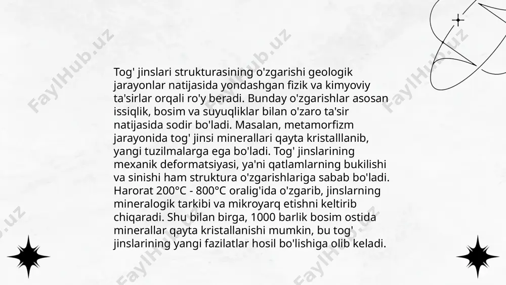 erial xususiyatlariga bog'liq bo'lib, foiz bilan ifodalanadi. ... t.me/slaydai_bot metamorfizm jarayoni tog' jinslarining mineral va tuzilish xususiyatlarining yuqori harorat va bosim ta'sirida o'zgarishiga olib keladi. bu jarayon yer qobig'ining 5-30 km chuqurligida va 150-800°c oralig'ida yuz beradi. metamorfizmning uch turi mavjud: regional, kontakt va dinamik. regional metamorfizm keng hududlarda sodir bo'ladi va tog' sistemaning shakllanishi bilan bog'liq. kontakt metamorfizm esa magma intruziyalari atrofida lokal ravishda yuzaga keladi. dinamik metamorfizm esa yer qobig'ining siljish zonalarida hosil bo'ladi. metamorfik jinslar orasida marmar, shifer va gneys kabi toshlar mavjud. bu jarayonlar geologlar uchun yerning ichki qismi haqida ma'lumot olish imkonini beradi. ... t.me/slaydai_bot 10. yer osti suvlari va g'ovaklik 10. yer osti suvlari — bu yer qatlamlari orasida joylashgan suvlar bo'lib, ichimlik suvi, qishloq xo'jaligi va sanoat uchun muhim resurs hisoblanadi. ular yer ostidagi g'ovakli jinslar ichida joylashadi, masalan, qum, shag'al yoki ohaktosh. yer osti suvlari zaxiralari global miqyosda taxminan 22,600,000 km³ ni …