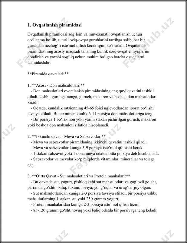 attalar uchun 65-90 milligramm. 4. **vitamin d**: suv va suyak sog'lig'i uchun muhimdir. d vitamini yetishmovchiligi raxitga olib kelishi mumkin. tavsiya etilgan miqdori 600 iu (international units) kattalar uchun. 5. **vitamin e**: antioksidant sifatida ishlaydi. kattalar uchun tavsiya etilgan miqdori 15 milligramm. 6. **vitamin k**: qon ivish jarayonida ishtirok etadi. erkaklar uchun 120 mikrogramm, ayollar uchun esa 90 mikrogramm tavsiya etiladi. **minerallar:** 1. **kaltsiy**: suv va tishlar uchun asosiy elementdir. yetishmovchiligi osteoporozga olib keladi. tavsiya etilgan kundalik iste'mol miqdori 1000-1300 milligramm kattalar uchun. 2. **temir**: qon hosil bo'lishi uchun zarur. temir tanqisligi kamqonlikka sabab bo'ladi. erkaklar uchun 8 milligramm, ayollar uchun 18 milligramm tavsiya etiladi. 3. **magneziy**: nerv va mushak faoliyatini tartibga soladi. tavsiya etilgan miqdori 320-420 milligramm kattalar uchun. 4. **kaliy**: elektrolit balansi va qon bosimini nazorat qiladi. kattalar uchun tavsiya etilgan miqdori 4700 milligramm. 5. **fosfor**: energiya ishlab chiqarishda yordam beradi. kundalik miqdori 700 milligramm tavsiya qilinadi. 6. …