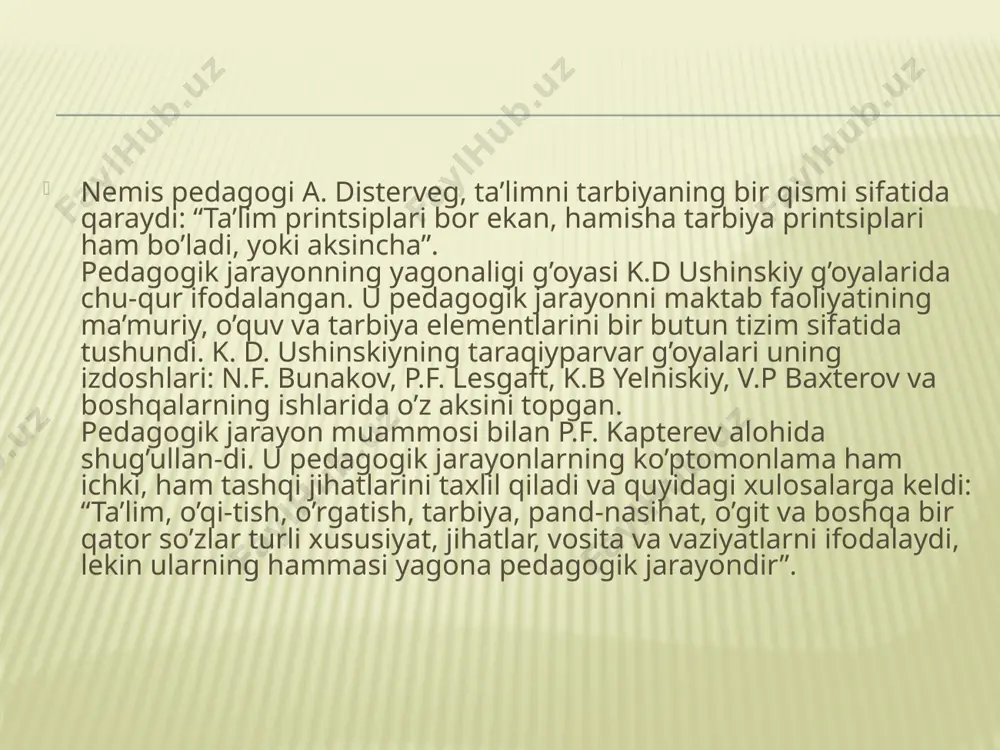 ementlari tug'iladi. foydalanilgan adabiyotlar 1. karimov i.a. o’zbekistonninng o’z istiqlol va taraqqiyot yo’li. – toshkent, o’zbekiston, 1992. 2. karimov i.a. barkamol avlod – o’zbekiston taraqqiyotining poydevori. – toshkent: sharq nashriyot-matbaa kontserni, 1997. 3. o’zrning “ta’lim to’g’risida”gi qonuni // barkamol avlod – o’zbekiston taraqqiyotining poydevori. – toshkent: sharq nashriyot-matbaa kontserni, 1997. 4. forobiy, abu nasr. fozil odamlar shahri. – toshkent: xalq merosi nashriyoti, 1993. 5. umumiy pedagogika / o.koldibekovaning umumiy tahriri ostida. – toshkent:2013. 6. podlasыy i.p. pedagogika. v 2 kn. kn. 2. – moskva: vlados, 1999. image3.png image4.jpeg image5.jpeg image6.jpeg /docprops/thumbnail.jpeg