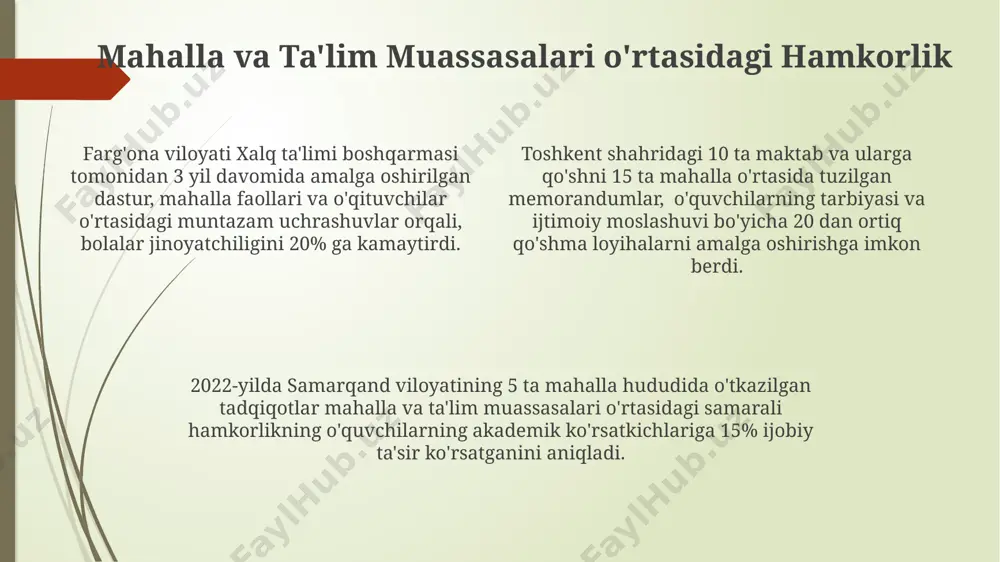 chilarning akademik ko'rsatkichlariga ijobiy ta'sir ko'rsatmoqda. ta'lim muassasalarining tarbiyaviy funktsiyalari andijon viloyati maktablari o'quvchilarning ijtimoiy moslashuvini ta'minlash bo'yicha 10 ta yangi tarbiyaviy loyihalarni joriy etib, 2024 yilga qadar o'quvchilarning o'z-o'zini boshqarish ko'nikmalarini 15% ga oshirishni maqsad qilgan. toshkent shahridagi 25 ta litsey va kollejlarda 700 dan ortiq o'qituvchining ishtiroki bilan oilaviy ta'limga qo'shimcha ravishda o'quvchilarning shaxsiy rivojlanishiga bag'ishlangan maxsus tarbiyaviy seminarlar o'tkazilmoqda. ta'lim muassasalarining samarqanddagi 50 dan ortiq maktabida amalga oshirilayotgan tarbiyaviy dasturlari, o'quvchilarning axloqiy-ma'naviy kamol topishiga 30% hissa qo'shadi. samarali hamkorlikning mexanizmlari samarqand viloyatining paxtaobod tumanidagi "barkamol avlod" markazi orqali 100 dan ortiq oilaga bolalar tarbiyasi bo'yicha 2 oylik treninglar taklif etiladi, bu esa oilalarning tarbiyaviy salohiyatini oshiradi. jizzaxdagi 7 ta mahallada o'quvchilarning xulq-atvorini kuzatish va ularga yordam berish uchun 20 nafar mahalla faoli va 5 nafar o'qituvchidan iborat maxsus guruhlar tuzilgan, bu samarali hamkorlik mexanizmidir. toshkent shahridagi 5-maktabda oila, mahalla va maktab o'rtasida o'quvchilarning tarbiyasi bo'yicha yillik 3 …
