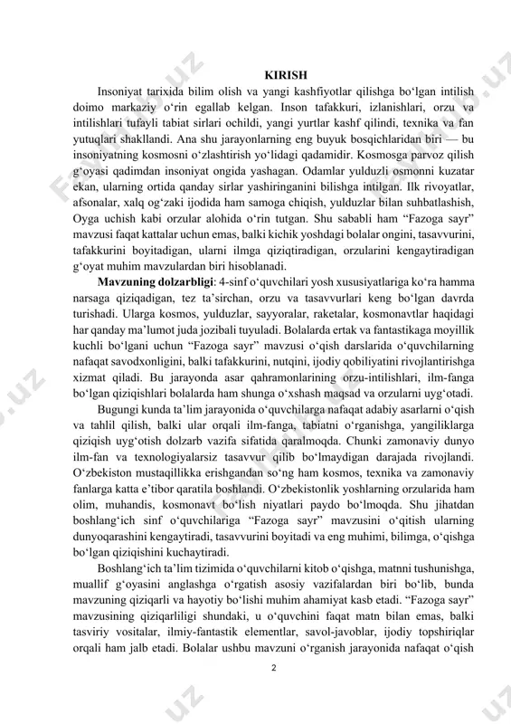 a orzularni uyg‘otadi. bugungi kunda ta’lim jarayonida o‘quvchilarga nafaqat adabiy asarlarni o‘qish va tahlil qilish, balki ular orqali ilm-fanga, tabiatni o‘rganishga, yangiliklarga qiziqish uyg‘otish dolzarb vazifa sifatida qaralmoqda. chunki zamonaviy dunyo ilm-fan va texnologiyalarsiz tasavvur qilib bo‘lmaydigan darajada rivojlandi. o‘zbekiston mustaqillikka erishgandan so‘ng ham kosmos, texnika va zamonaviy fanlarga katta e’tibor qaratila boshlandi. o‘zbekistonlik yoshlarning orzularida ham olim, muhandis, kosmonavt bo‘lish niyatlari paydo bo‘lmoqda. shu jihatdan boshlang‘ich sinf o‘quvchilariga “fazoga sayr” mavzusini o‘qitish ularning dunyoqarashini kengaytiradi, tasavvurini boyitadi va eng muhimi, bilimga, o‘qishga bo‘lgan qiziqishini kuchaytiradi. boshlang‘ich ta’lim tizimida o‘quvchilarni kitob o‘qishga, matnni tushunishga, muallif g‘oyasini anglashga o‘rgatish asosiy vazifalardan biri bo‘lib, bunda mavzuning qiziqarli va hayotiy bo‘lishi muhim ahamiyat kasb etadi. “fazoga sayr” mavzusining qiziqarliligi shundaki, u o‘quvchini faqat matn bilan emas, balki tasviriy vositalar, ilmiy-fantastik elementlar, savol-javoblar, ijodiy topshiriqlar orqali ham jalb etadi. bolalar ushbu mavzuni o‘rganish jarayonida nafaqat o‘qish ko‘nikmalarini mustahkamlaydi, balki kosmos haqidagi dastlabki bilimlarga ega …