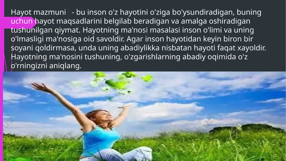 dan qat'i nazar, uning oqibati muqarrar. bizning hayotimizdagi barcha ishlar abadiylik bilan taqqoslanishi kerak, odam o'lim haqida o'ylashi kerak va bu uning o'lgan hayvondan farqi, ammo u bu haqda bilmaydi, hayvonlar o'lim yaqinlashayotganini his qilishadi, ayniqsa uy sharoitida. ma'naviy qadriyatlar ming yillar davomida to'plangan insoniyatning o'ziga xos ma'naviy kapitali bo'lib, u nafaqat eskiradi, balki odatda ko'payadi. qanday qilib va \u200b\u200bnima uchun falsafa hayotning ma'nosini izlashda yordam beradi? haqiqat shundaki, hayotning turli tomonlarini yoki bosqichlarini birlashtirishga ular hozirgi paytda o'zgarmaydigan boshqa narsaga bo'ysunishidagina erishiladi (garchi, umuman olganda, bundan keyin ham sodir bo'lishi mumkin.) to'g'ridan-to'g'ri falsafa biron bir hayotga javob bera olmaydi. muammo, har qanday vaziyatdan chiqish yo'lini ko'rsating, lekin u odamni yo'lni tanlashga, muammoni hal qilish uchun vosita bilan ta'minlashga va bunday echimning imkoniyatiga ishonchni ta'minlaydi. falsafiy materializmning asosi - dunyoning moddiy birligi tamoyilidir. har qanday narsada yoki ishda doimiylik va barqarorlik ularning o'zgarishi va rivojlanishi uchun zarur bo'lgan tomonlar ekanligidan …