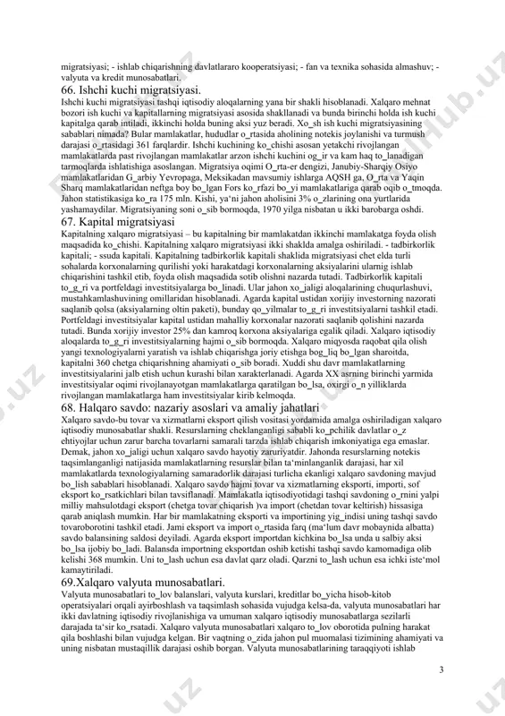 osabatlar bilan o‗zaro bog‗langan milliy xo‗jaliklar tizimidir. jx uzoq tarixiy rivojlanishning natijasi hisoblanadi. jahon xo‗jaligining rivojlanish jarayoni xalqaro iqtisodiy munosabatlarning rivojlanish evolyutsiyasi bilan bog‗liq. xalqaro iqtisodiy munosabatlar jahon xo‗jaligining shakllanishi jarayonida alohida o‗rin tutadi. jahon xo‗jaligi yaxlit tizim sifatida xix va xx asrlar chegarasida shakllangan. zamonaviy jahon xo‗jaligining evolyutsiyasi jarayoni bir qancha bosqichlarni bosib o‗tgan: 1. xix asrning oxiridan birinchi jahon urushigacha bo‗lgan davr, bu jahon xo‗jaligining ochiqligini oshirish bosqichidir. jahon savdosida 355 xomashyo yo‗nalishi ustunlik qildi. biroq, eksportning ulushi doimiy ravishda o‗sib bordi; 2. birinchi va ikkinchi jahon urushlari orasidagi davr. bu bosqich jahon xo‗jaligining rivojlanishiga hamroh bo‗lgan beqarorlik va inqirozlar bilan ajralib turadi. milliy iqtisodiyotlarning avtarkiyasi va proteksionizm, shuningdek, eksport rolining pasayishi tendensiyasi kuchaydi; 3. xx - asrning 1950-1970 yillari. bu bosqi integratsiya guruhlarining (ei) paydo bo‗lishi, transmilliylashtirish jarayoni, texnologiyalar, tadbirkorlik mahorati va kapitalning faol ravishda ko‗chishi, ssuda kapitalining jahon bozorida tiklanishi bilan tavsiflanadi. sotsialistik va rivojlanayotgan davlatlar …
