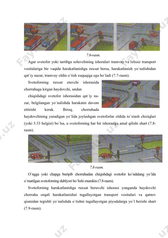 idasiga amal qilishlari kerak (7.12-rasm). ikkinchi darajali yo`llarda harakatlanayotgan haydovchilar ham o`zaro shu qoidaga amal qilishlari lozim. 7.12-rasm. chapga burilishda yoki qayrilib olishda relssiz transport vositasining haydovchisi teng ahamiyatli yo`ldan qarama-qarshi yo`nalishdan to`griga yoki o`ngga harakatlanayotgan, shuningdek, ruxsat etilgan hollarda quvib o`tayotgan transport vositalariga yo`l berishi shart.bu qoidaga tramvay haydovchilari ham o`zaro amal qilishlari kerak (7.13-rasm). agar haydovchi o`zi harakatlanayot- gan yo`lning qoplamasi bor-yo`qlgini aniqlay olmasa (qorong`i vaqt, loy, qor va h.k.) va imtiyoz belgilari bo`lmasa, unda u o`zini ikkinchi darajali yo`lda deb hisoblashi kerak. bunga: 7.13-rasm. birinchidan, qoor yoki muz ostida yo`lning qoplamasi bor yoki yo`qligini aniqlab bo`lmaydi. shu sababli haydovchi chorrahani teng ahamiyatlimi, yo`qmi aniqlay olmaydi. ikkinchidan, ba`zi sabablarga ko`ra (qurilish ishlari, yo`lni ta`mirlash va shunga o`xshash) imtiyoz belgilari olib qo`yilgan yoki yopqolib qolgan bo`lishi mumkin. mana shu ikki holatda haydovchi yuqorida aytilganlarga amal qilishi kerak. foydalanilgan adabiyotlar: 1. i.a. karimov, jahon moliyaviy inqirozi o`zbekiston sharoitida uni bartaraf …