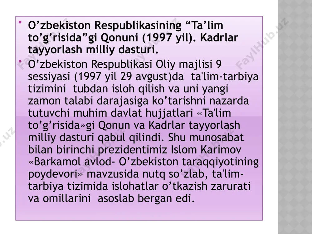 internet jahon axborot tarmog‘idan foydalangan holda masofadan turib olishga qaratilgan. masofaviy ta’limni tashkil etish tartibi o‘zbekiston respublikasi vazirlar mahkamasi tomonidan belgilanadi. 17-modda. dual ta’lim dual ta’lim ta’lim oluvchilar tomonidan zarur bilim, malaka va ko‘nikmalarni olishga qaratilgan bo‘lib, ularning nazariy qismi ta’lim tashkiloti negizida, amaliy qismi esa ta’lim oluvchining ish joyida amalga oshiriladi. dual ta’limni tashkil etish tartibi o‘zbekiston respublikasi vazirlar mahkamasi tomonidan belgilanadi. 18-modda. oilada ta’lim olish va mustaqil ta’lim olish davlat oilada ta’lim olishga va mustaqil ta’lim olishga ko‘maklashadi. bolalarning oilada ta’lim olishi va mustaqil ta’lim olish uslubiy va maslahat yordami ko‘rsatilgan holda tegishli o‘quv dasturlari bo‘yicha amalga oshiriladi. oilada ta’lim olish va mustaqil ta’lim olish tartibi, shuningdek ta’lim oluvchilarning toifalari ta’lim sohasidagi vakolatli davlat boshqaruvi organlari tomonidan belgilanadi. oilada ta’lim olish bolalar, oila, davlat va jamiyat manfaatlarini hisobga olgan holda davlat ta’lim muassasasi hamda ta’lim oluvchilarning ota-onasi yoki boshqa qonuniy vakillari o‘rtasidagi shartnoma asosida amalga oshiriladi. 19-modda. katta …