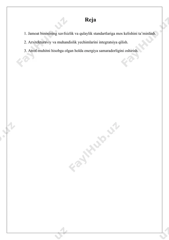 olindi. xx asrda, ayniqsa, yuqori texnologiyalar va yangi qurilish materiallarining rivojlanishi bilan ko‘p qavatli jamoat binolarini loyhalashda zamonaviy yondashuvlar shakllandi. arxitektura, muhandislik va iqtisodiy tahlillarni hisobga olgan holda, ekologik toza, xavfsiz va qulay binolarni yaratish uchun yangi standartlar ishlab chiqildi. bugungi kunda ko‘p qavatli jamoat binolarini loyhalashda innovatsion texnologiyalar, atrof-muhitni muhofaza qilish va iqtisodiy samaradorlikni oshirish maqsadida ilg‘or qurilish texnikalari qo‘llaniladi. shuningdek, binolarning energiya samaradorligini oshirish, barqarorlikni ta’minlash va aholining ijtimoiy ehtiyojlarini qondirishga katta e’tibor berilmoqda. i jamoat binosining xavfsizlik va qulaylik standartlariga mos kelishini ta’minlash. jamoat binosining xavfsizlik va qulaylik standartlariga mos kelishini ta'minlash uchun bir qancha talablar mavjud. birinchidan, binoda yong'inga qarshi tizimlar o‘rnatilishi lozim. bu tizimlar orasida yong'in signalizatsiyasi, yong'inga qarshi materiallar va yong'in chiqish yo'llari mavjud bo‘lishi kerak. elektr jihozlari va tizimlari yong'inga chidamli bo‘lishi va muntazam ravishda tekshirilishi zarur. yong'in chiqish yo‘llari evakuatsiya uchun qulay bo‘lishi, ular to‘siqsiz va keng bo‘lishi kerak. binoda evakuatsiya yo‘llarining …