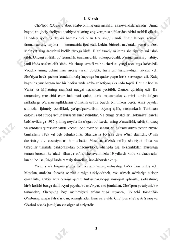 ng 1923 yil 4 mayda «turkiston» gazetasida shoirning ilk to‘plami «uyg‘onish»ga yozilgan taqrizi edi. shu yili mazkur gazetaning 10 dekabr sonida munaqqid vadud mahmud(1897— 1976)ning shoirning ikkinchi she’riy to‘plami haqidagi «cho‘lponning «buloqlar»i» nomli taqrizi bosilib chiqdi. 1924 yilda tatar adabiyotshunosi abdurahmon sa’diy (1889—1956), 1925 yilda mashhur abdulla qodiriy u haqda yozdilar. 1927 yilda tanqidchi olim sharafiddinov(1903—1943)ning «o‘zbek shoirlari. (cho‘lpon)» («qizil o‘zbekiston» gazetasi, 14 fevral) maqolasi bilan matbuotda shoir ijodi haqida katta bahs ochildi. o.sharafiddinov cho‘lpon ijodini ilmda endigina shakllanib kelayotgan markscha metodologiya asosida tekshiradi va uning asarlariga sinfiy yondashib, «cho‘lpon boylar, millatchi ziyolilarning mafkurachisidir, shularning shoiridir», «cho‘lponning asarlari bosdirilar ekan, uni qattiq tahlil qilib, kuchli tsenzuradan o‘tkazib, muvofiklarini bosish kerak» degan xulosani beradi. unga javobni yosh oybek berdi. «cho‘lpon shoirni qanday tekshirish kerak?» degan maqola bilan chiqib, uning she’rlarini mafkura emas, san’at qonunlari asosida tekshirish lozimligini uqdirdi va ruslarning pushkinga munosabatini ibrat qilib keltirdi. bahsga jurnalist, partiya va davlat xodimlaridan …