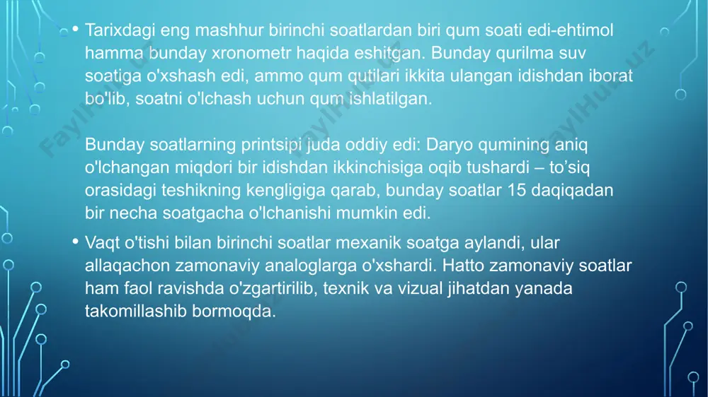 hlatish uchun qulay qilish imkonini beradi foydalanilgan adabiyotlar 1.https://www.livemaster.ru/topic/3281802-blog-kratkaya-istoriya-sozdaniya-i-razvitiya-chasov 2. https://vodabereg.ru/article/istoriya-chasov-kak-poyavilis-pervie-cha/ 3. https://arduinoplus.ru/arduino-nano/ 4. https://www.texnoman.uz/post/arduino-nima.html 5. https://kit.alexgyver.ru/tutorials/lcd1602/ 6. https://voltiq.ru/ds1302-rtc-and-arduino/ image2.png image3.jpeg image4.jpeg image5.jpeg image6.jpeg image7.png image8.png