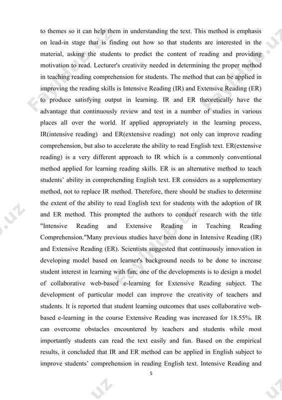 r method can be applied in english subject to improve students’ comprehension in reading english text. intensive reading and extensive reading concept extensive reading is to read widely and in large quantities, with the main aim to enjoy reading activities, while the intensive reading is the reading that is only limited to the short text and carried out with the aim of understanding the whole content of reading. as an approach to reading literacy, these two methods differentiated in various aspects relating to reading activities, which include the main objectives of reading, focus on reading text, the sources, and types of reading, the number of reading text, the speed of reading level, and the method of reading. [3: alyousef h. s. teaching reading comprehension to esl/efl learners h. s. alyousef the reading matrix. - 2005. - №2. - p.143-154. ] the increasing importance of learning english as a global language …