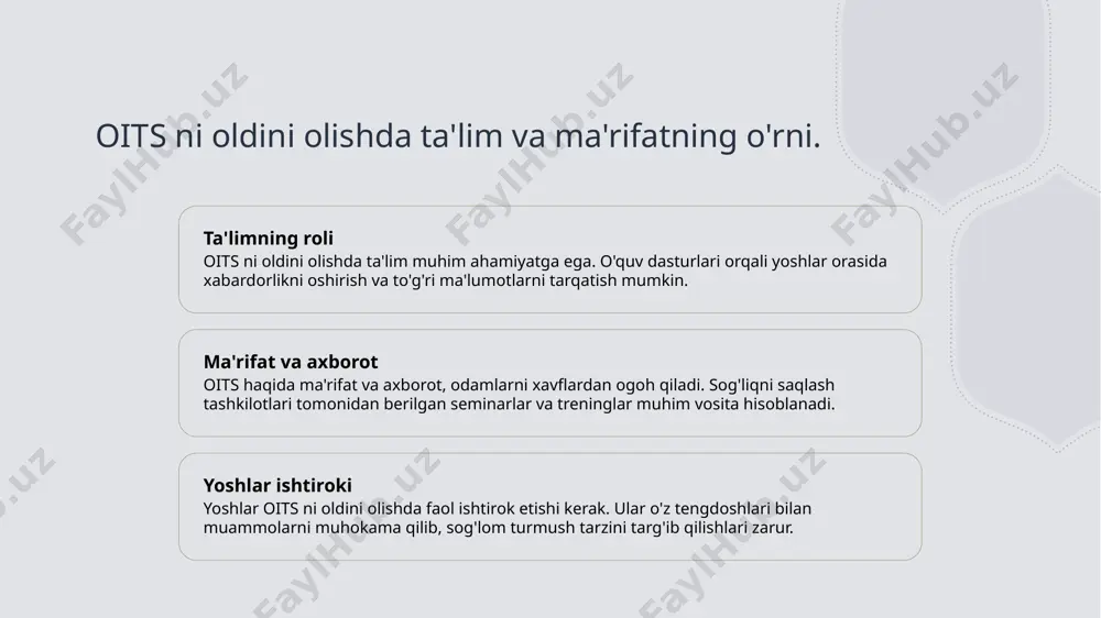 sog'lom turmush tarzini shakllantirishda yordam beradi. 2 an'anaviy qadriyatlar - an'anaviy qadriyatlar jinsiy tarbiya va sog'liqni saqlash masalalarida muhim rol o'ynaydi. ular jamiyatda oits haqida ijobiy munosabatni rivojlantiradi. 3 madaniy moslashuv - madaniyatga moslashuv, oitsga qarshi kurashda effektli strategiyalarni ishlab chiqishda zarur. mahalliy an'analar va usullarni hisobga olish muhimdir. sog'liqni saqlash strategiyalarida madaniy moslashuvning ahamiyati. 1 madaniy o'zgarishlar sog'liqni saqlash strategiyalarida madaniy o'zgarishlar lokal an'analar va qadriyatlarni hisobga olish orqali samarasini oshiradi. 2 jamoat ishtiroki madaniy moslashuv jamoat ishtirokini rag'batlantiradi, bu esa hiv/aids bilan kurashda aholi o'rtasida kuchli qo'llab-quvvatlashni ta'minlaydi. 3 ta'lim va axborot madaniyatga mos ta'lim va axborot strategiyalari, mahalliy aholi uchun tushunarli va qabul qilinadigan bo'lib, oits ni oldini olishda muhim rol o'ynaydi. oits ni oldini olishda lokal madaniyatning ta'siri va imkoniyatlari. 1 mahalliy an'analar oits ni oldini olishda mahalliy an'analar va urf-odatlar muhim rol o'ynaydi, chunki ular xulq-atvor va ta'limni shakllantiradi. 2 ta'lim va ma'rifat mahalliy madaniyat …